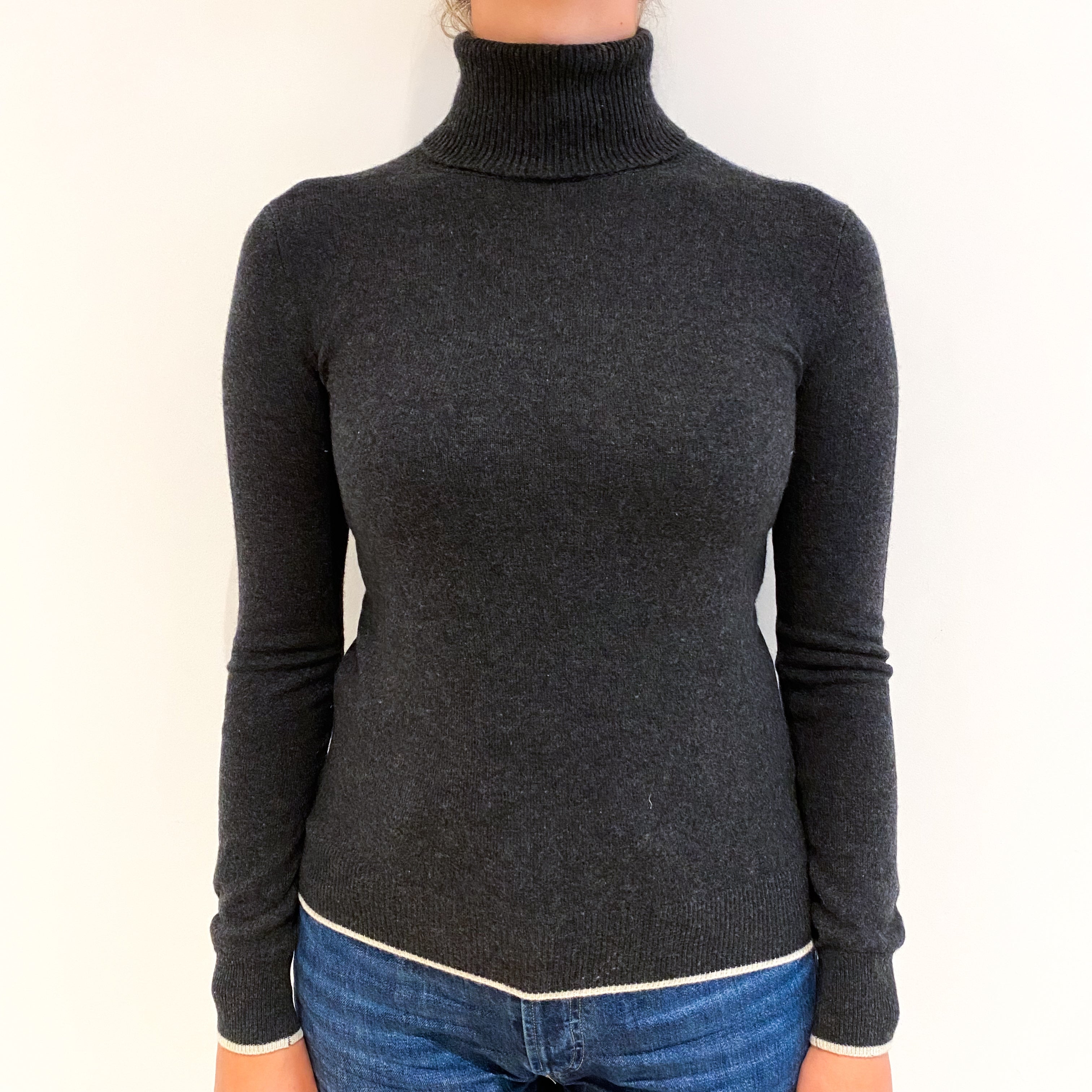 Charcoal Grey Ivory Trim Cashmere Polo Neck Jumper Small