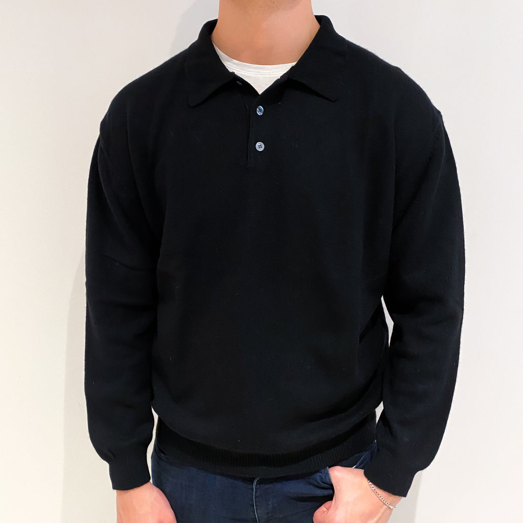 Men's Black Cashmere Collared V Neck Jumper XL