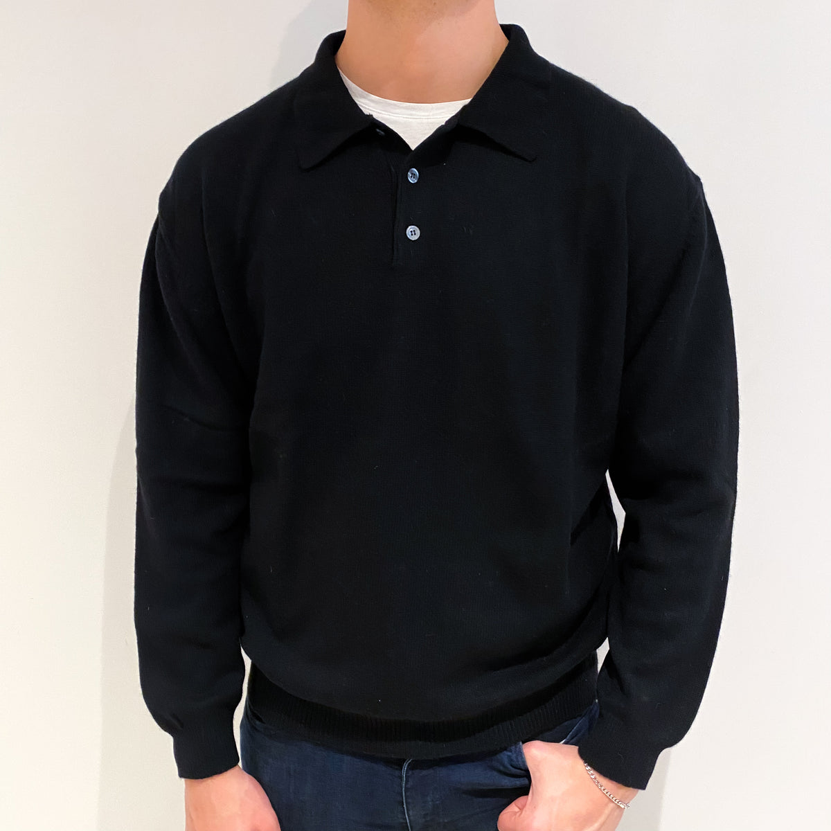 Men's Black Cashmere Collared V Neck Jumper XL
