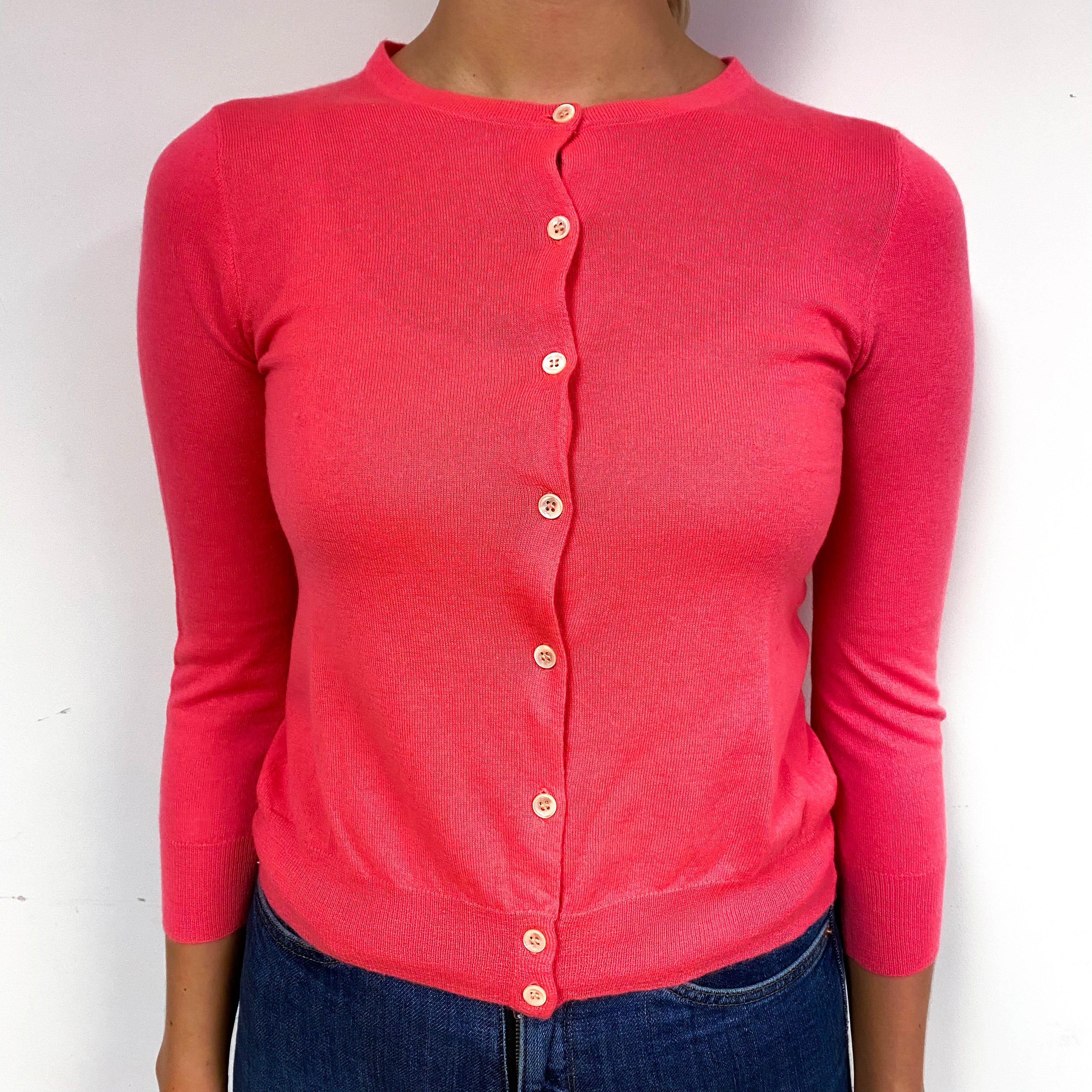 Neon Coral Pink Cashmere Fine Knit Cardigan Small