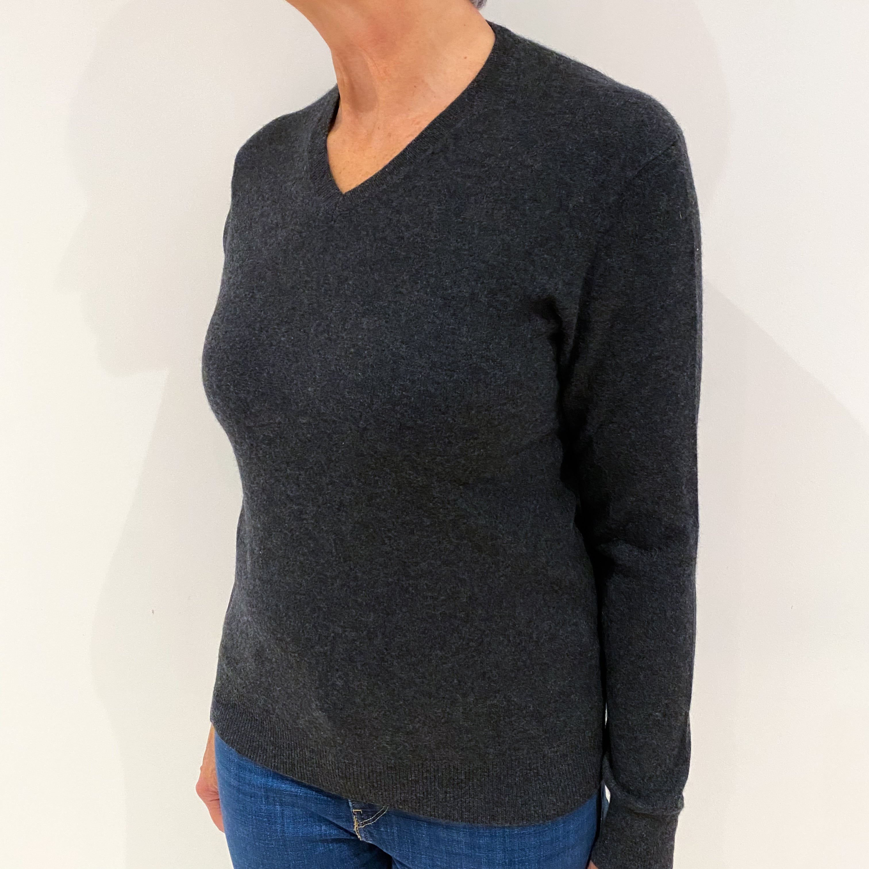 Charcoal Grey Cashmere V Neck Jumper Medium