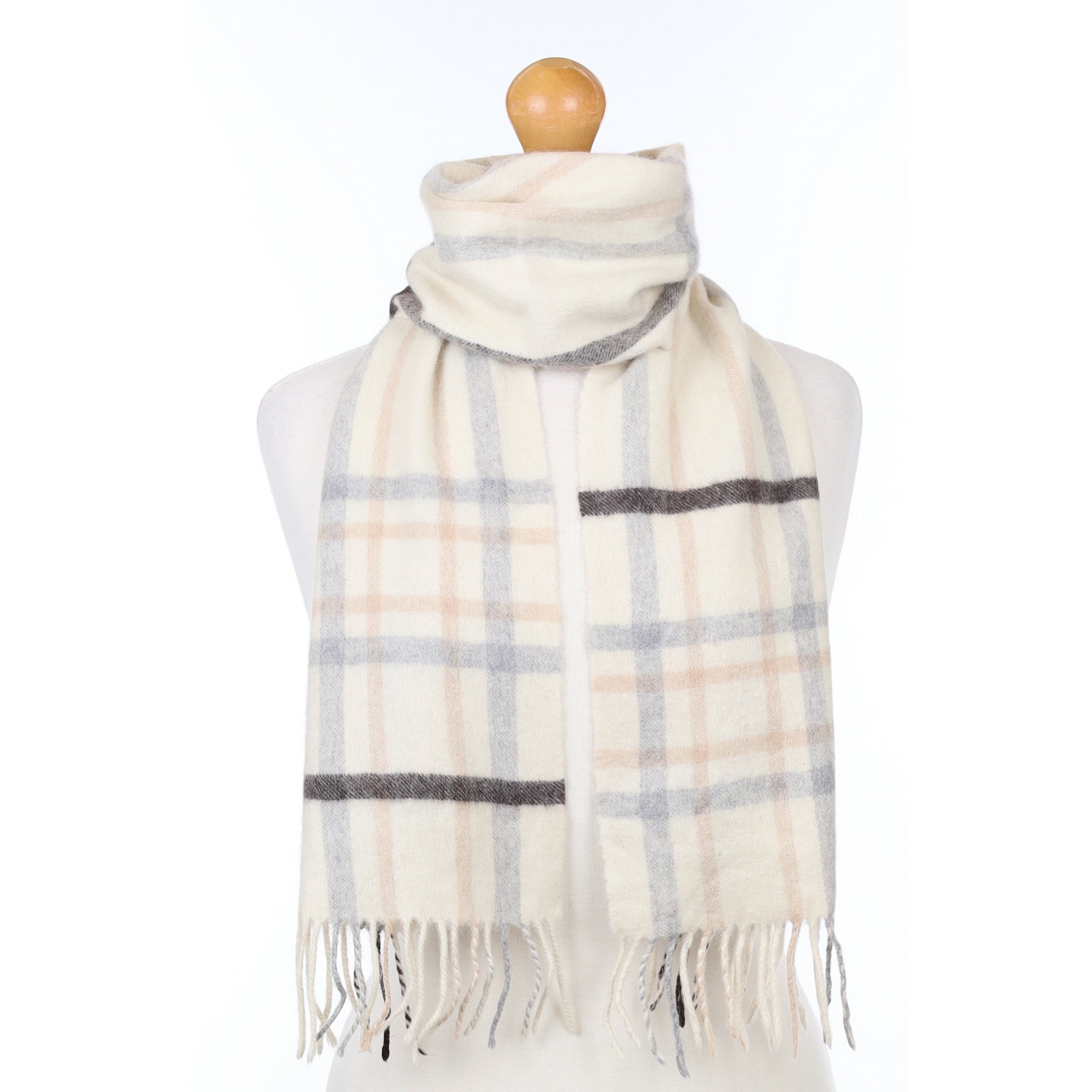 Cream Checked Cashmere Woven Scarf