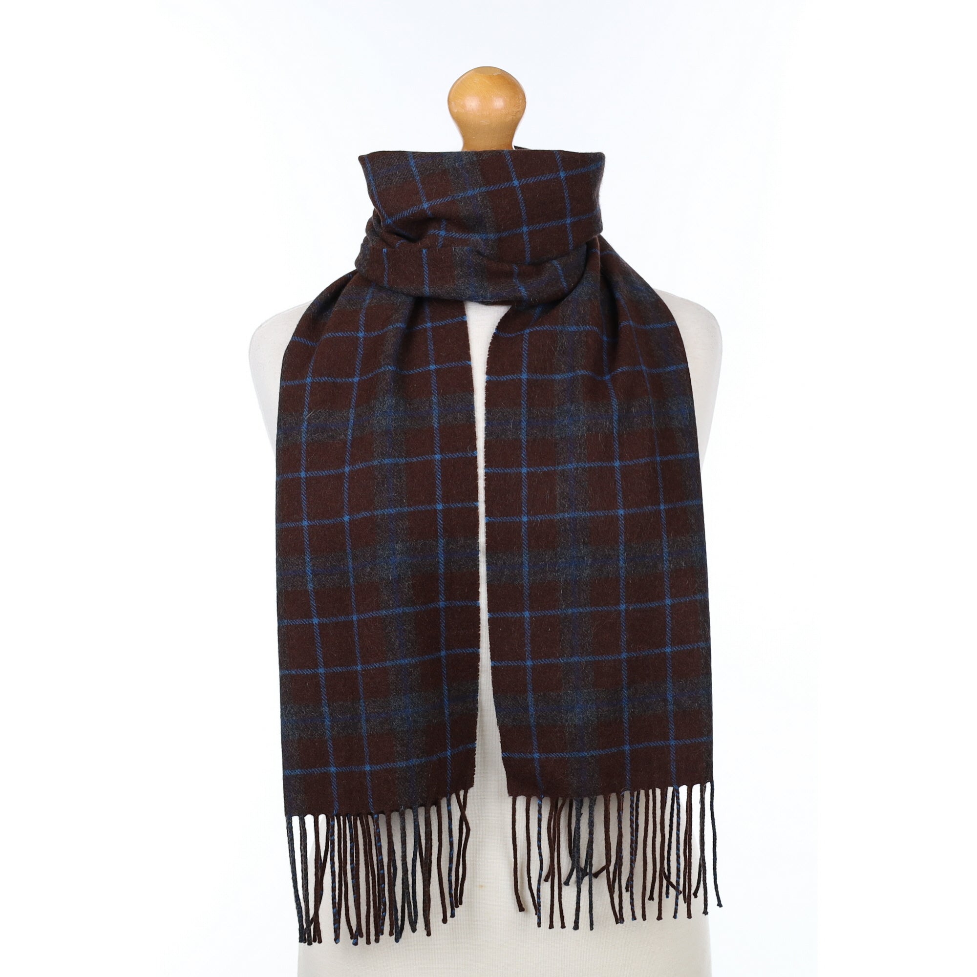 Chocolate and Blue Checked Cashmere Woven Scarf