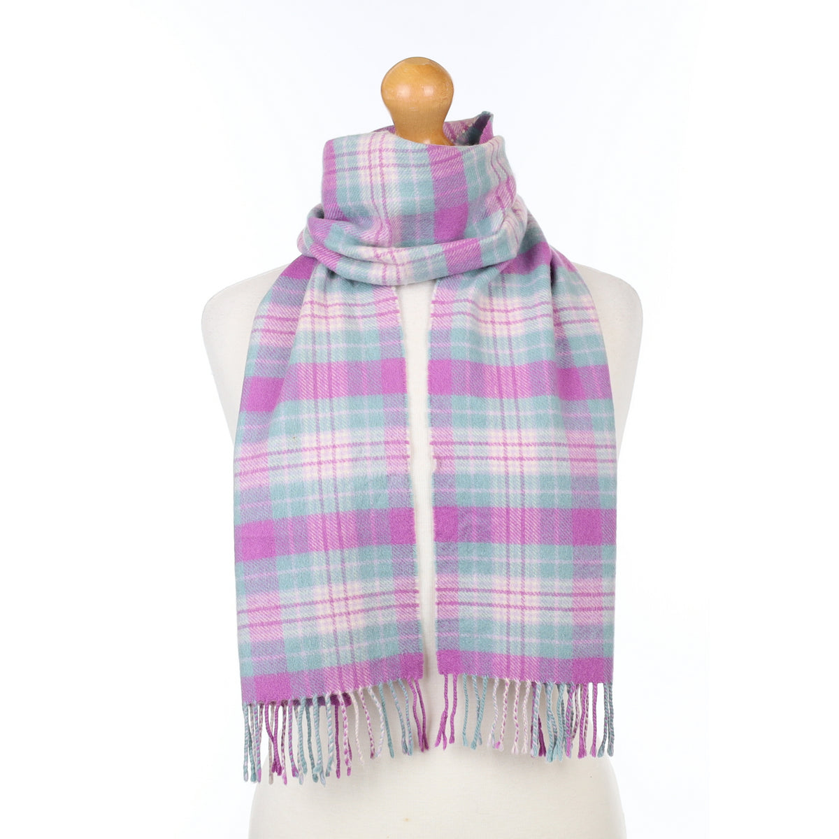 Pink and Blue Checked Cashmere Woven Scarf