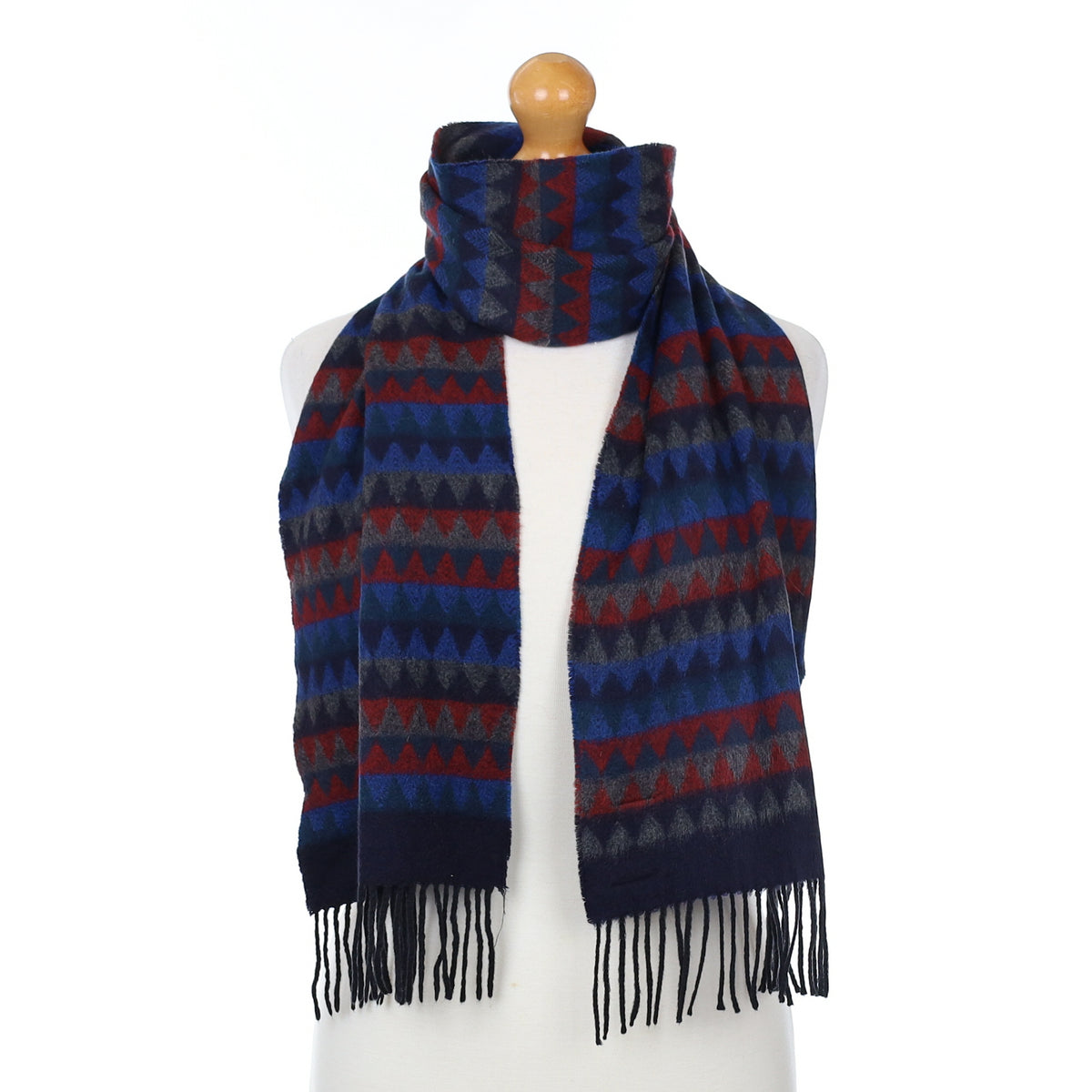 Blue Red and Grey Patterned Cashmere Woven Scarf