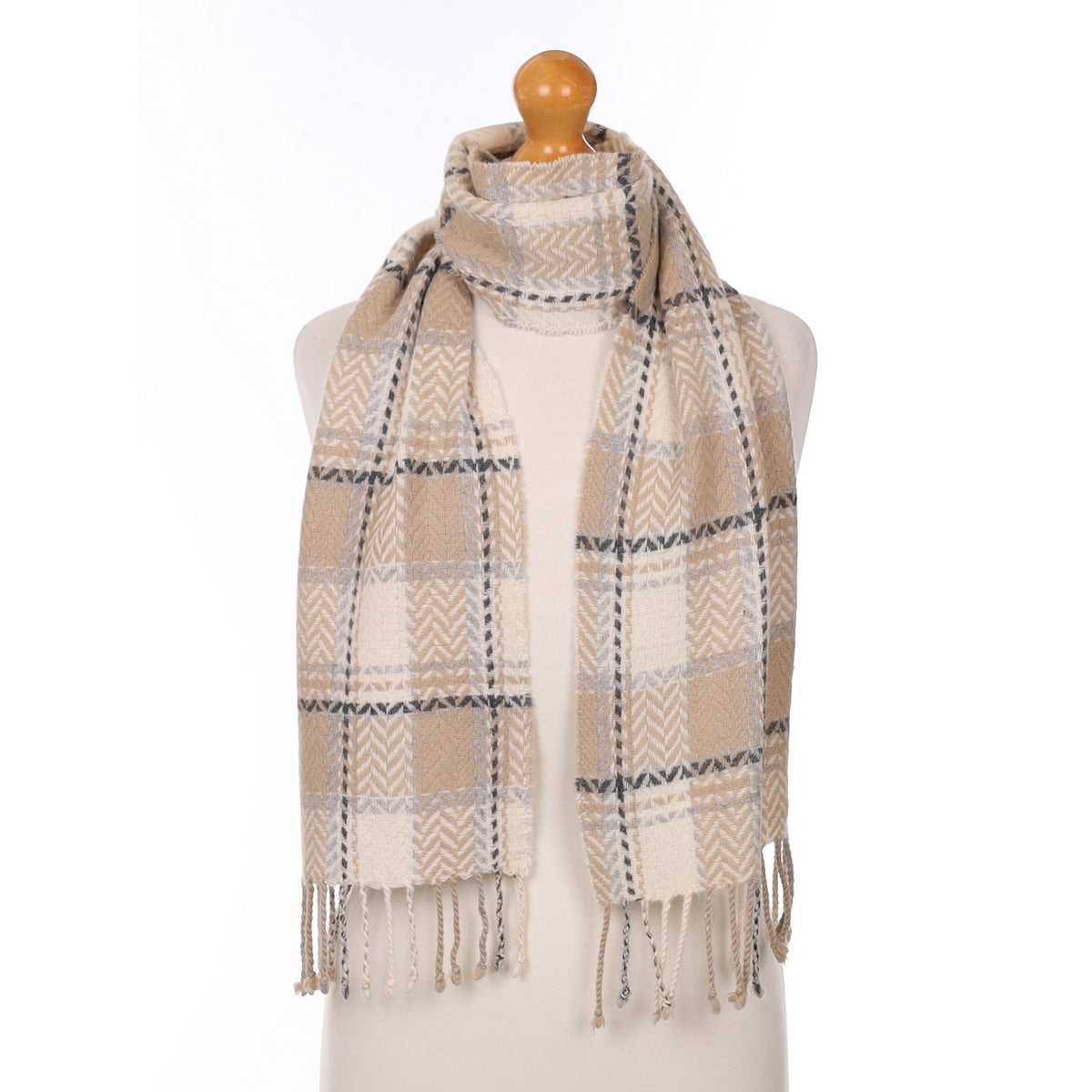 Cream Beige and Grey Cashmere Woven Scarf