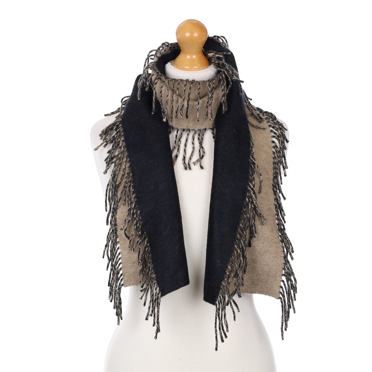 Fawn and Black Tassel Edged Cashmere Woven Scarf