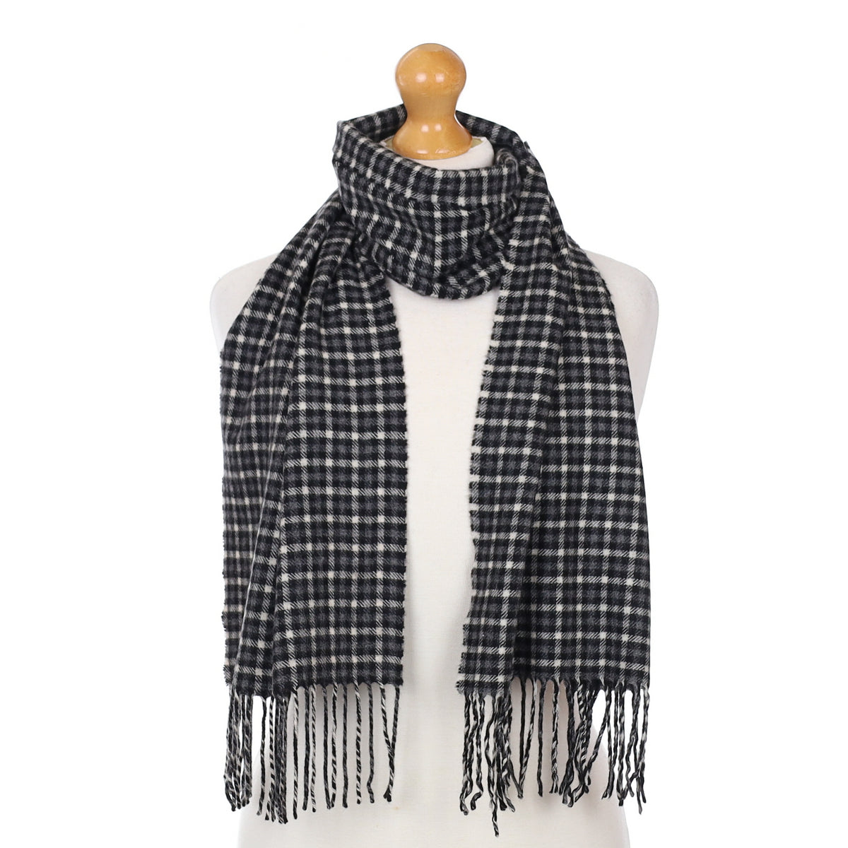 Grey Black and Cream Checked Cashmere Woven Scarf
