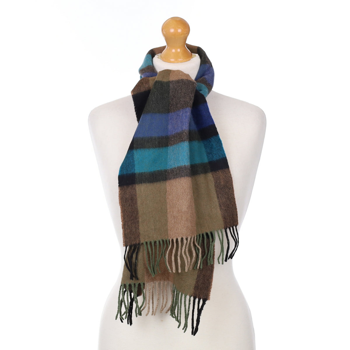 Brown and Blue Checked Cashmere Woven Scarf