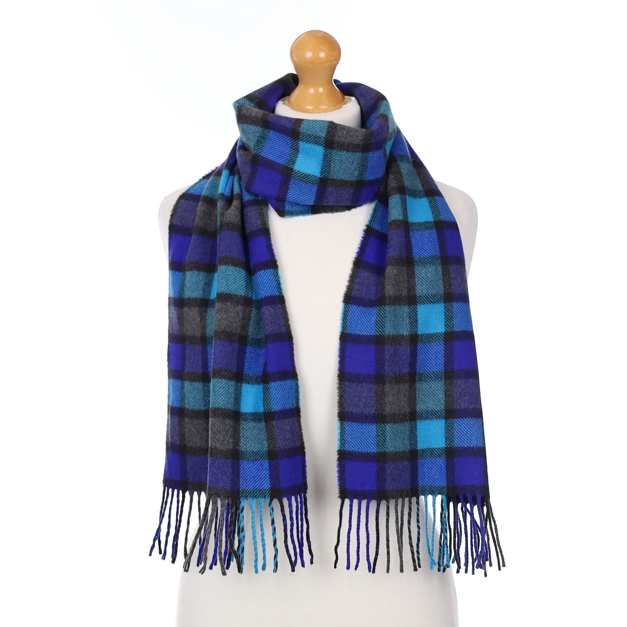 Blue and Grey Checked Cashmere Woven Scarf