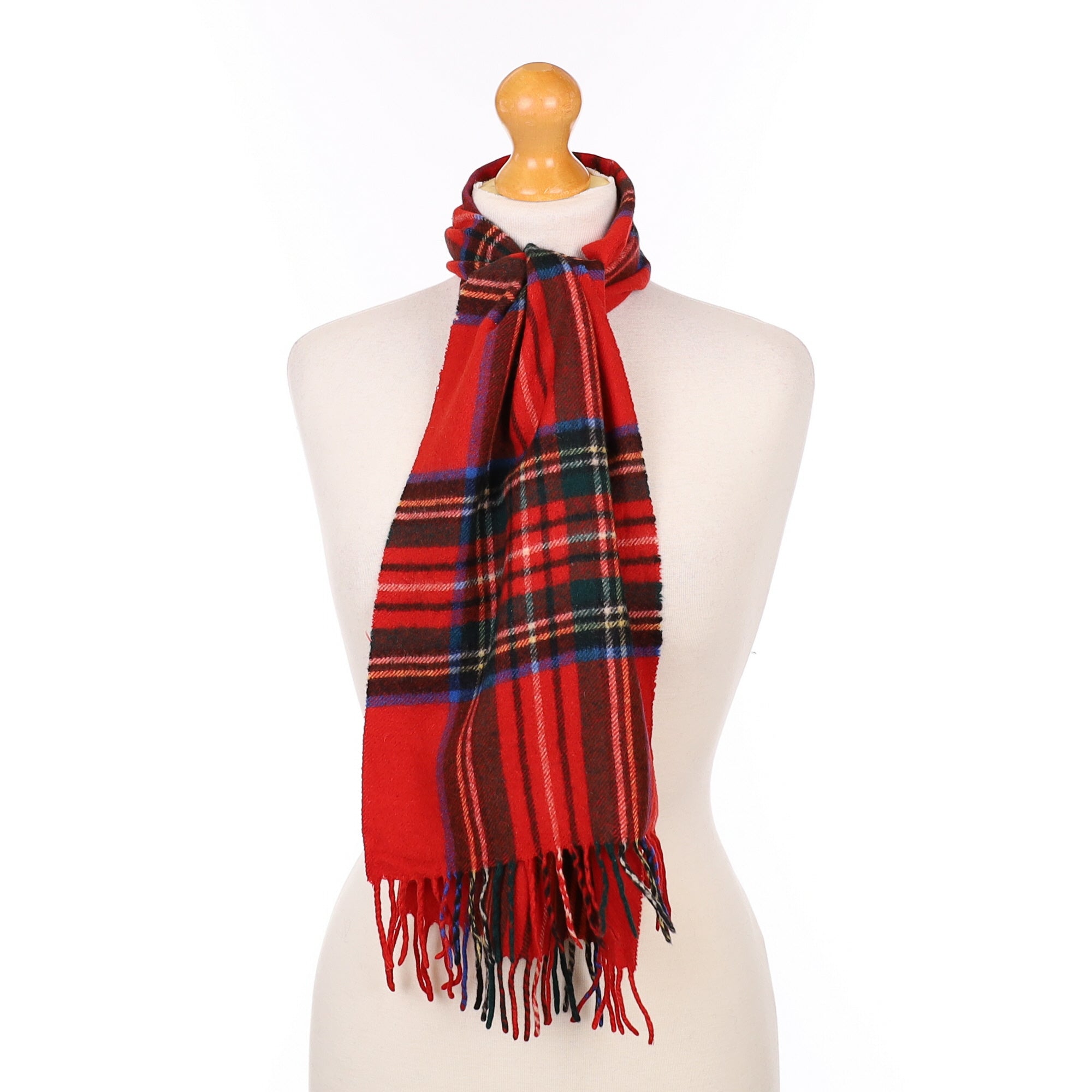 Red and Blue Checked Cashmere Tassel Edged Woven Scarf