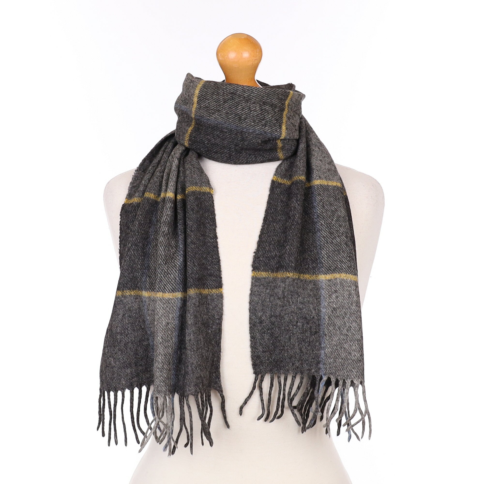 Charcoal Grey Checked Cashmere Tassel Edged Woven Scarf