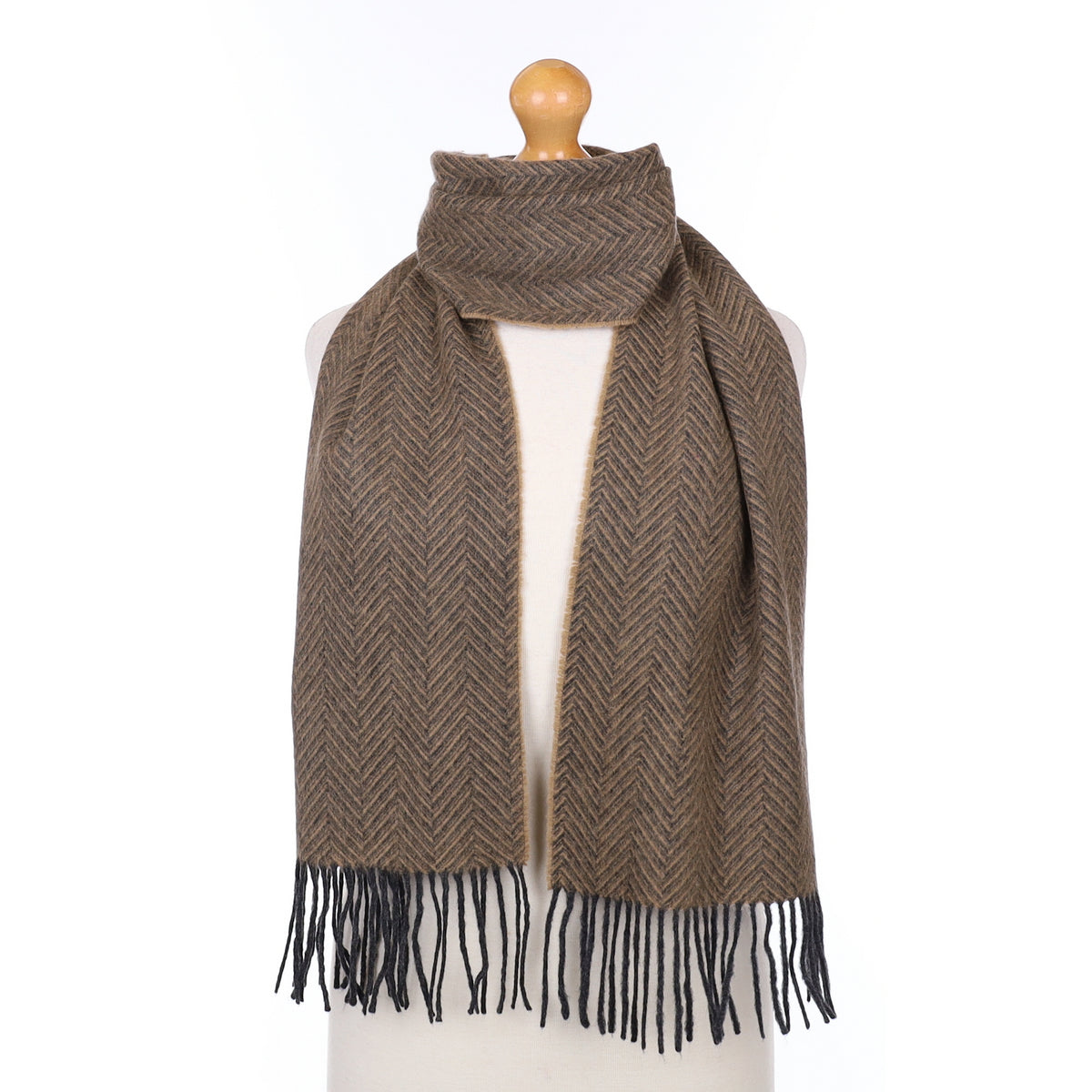 Camel and Grey Herringbone Cashmere Tassel Edged Woven Scarf