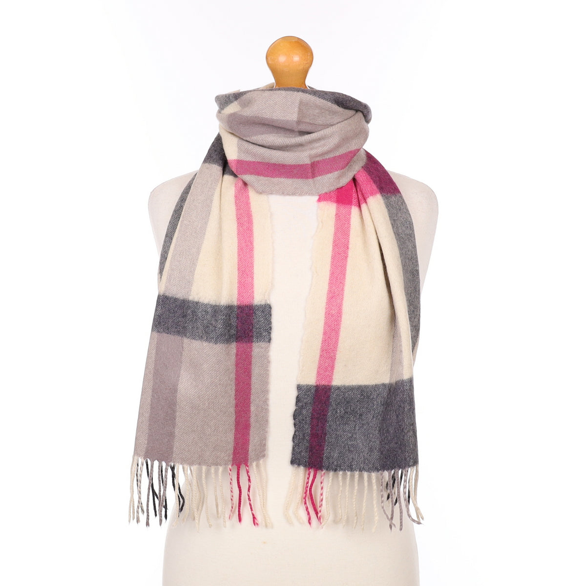 Scottish Grey and Pink Checked Cashmere Woven Scarf