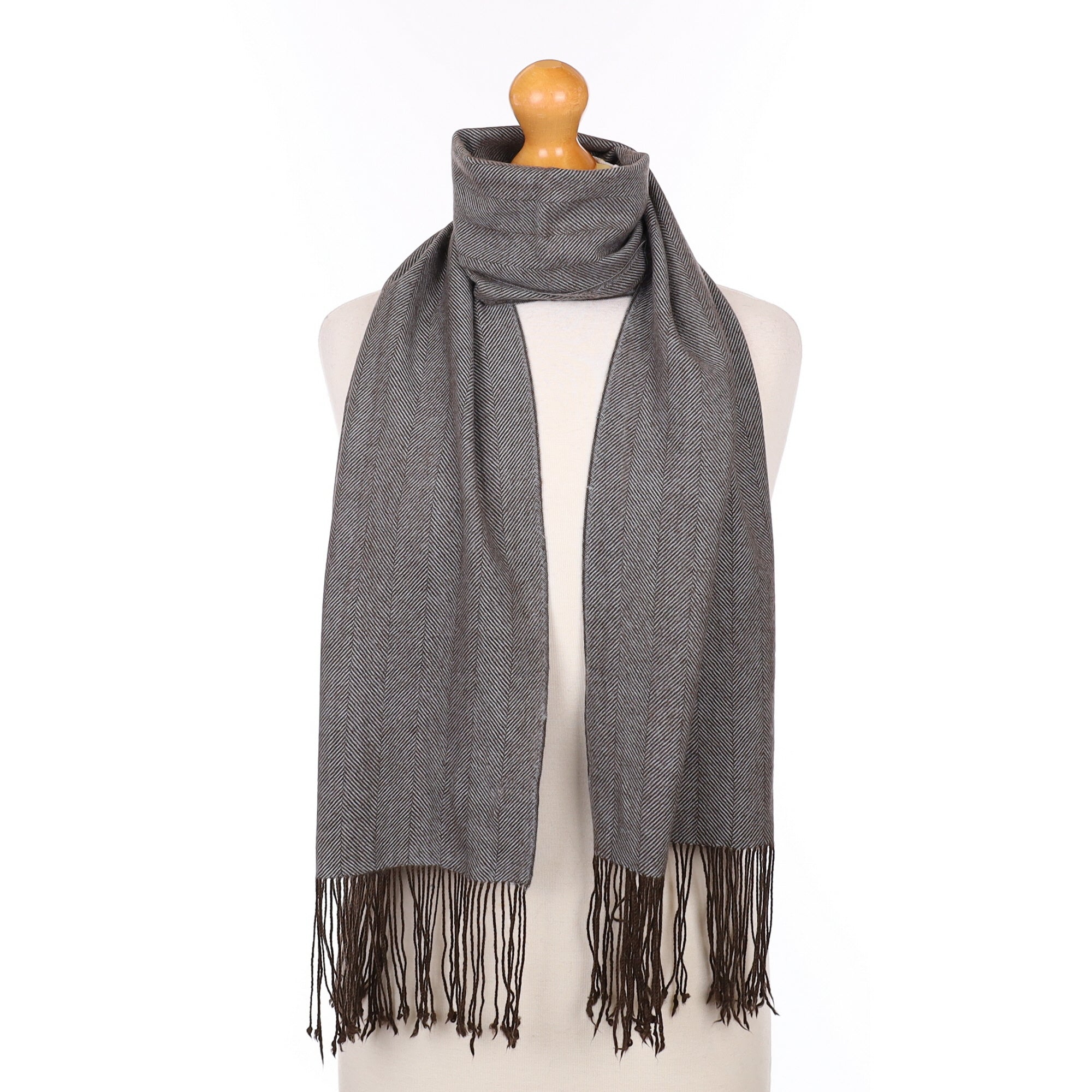 Grey and Brown Herringbone Cashmere Woven Scarf