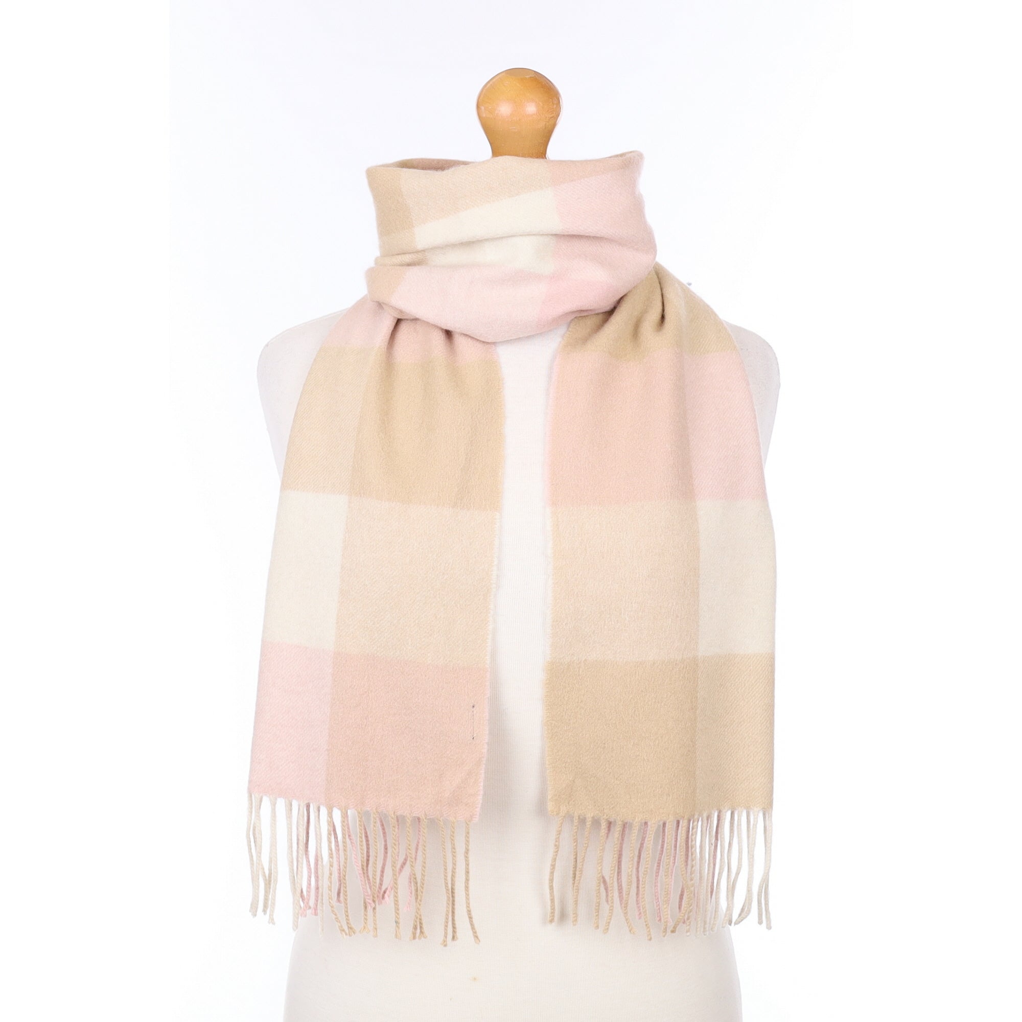 Cream Pink and Beige Checked Cashmere Woven Scarf