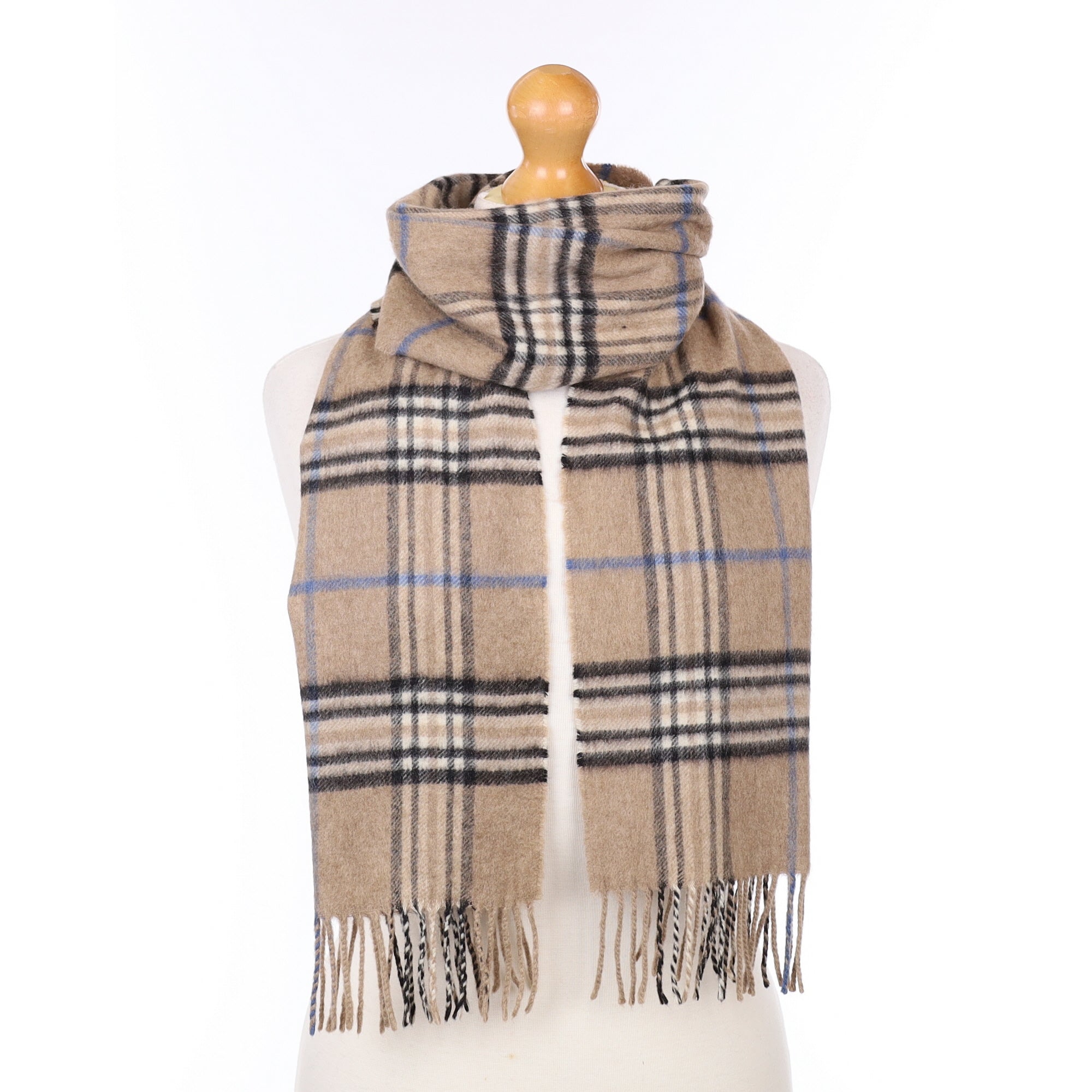 Beige Blue and Black Plaid Cashmere Woven Scarf