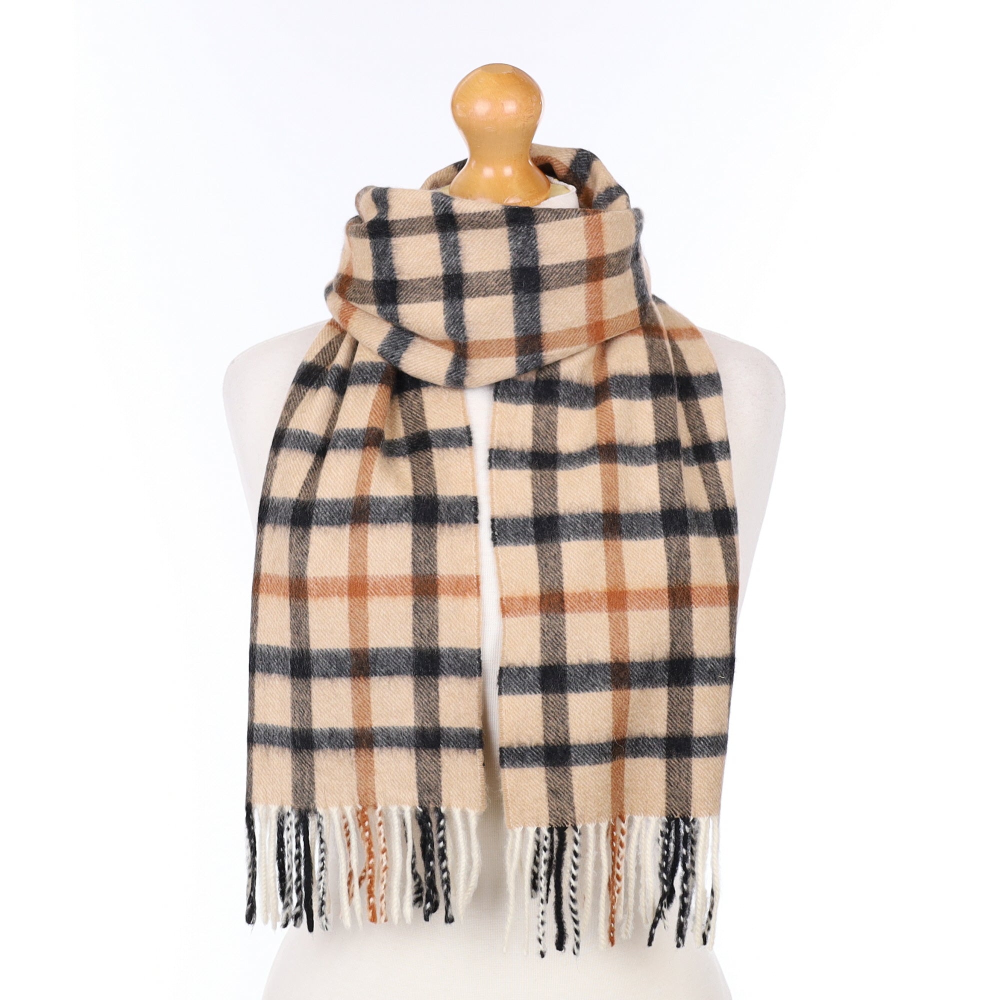 Beige Brown and Black Plaid Cashmere Woven Scarf