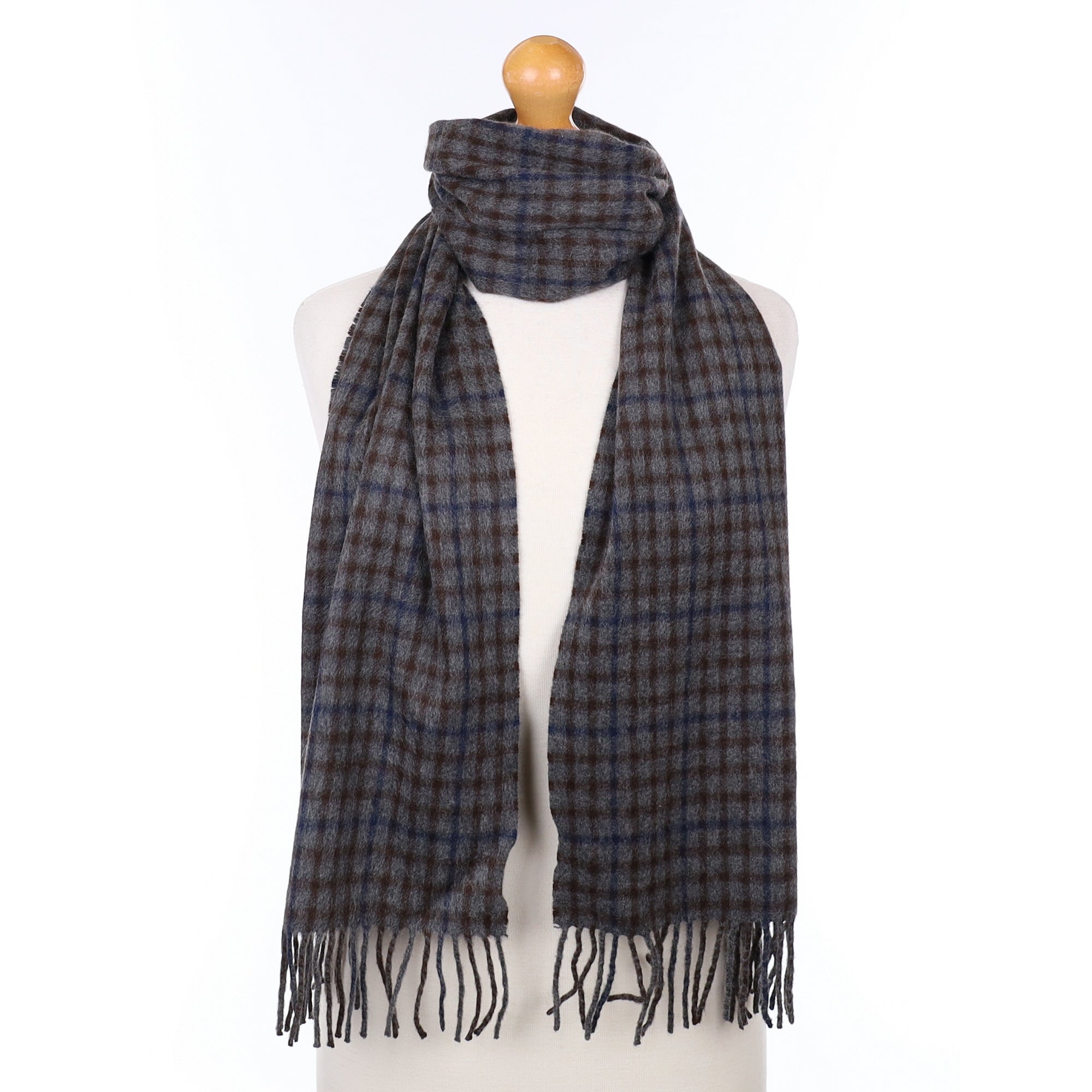Neiman Marcus Italian Grey Blue and Brown Checked Cashmere Woven Scarf