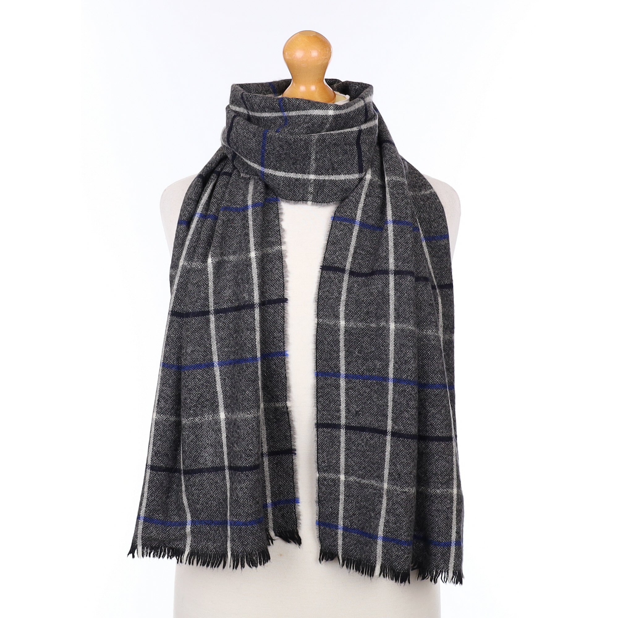 Grey and Black Checked Cashmere Woven Scarf