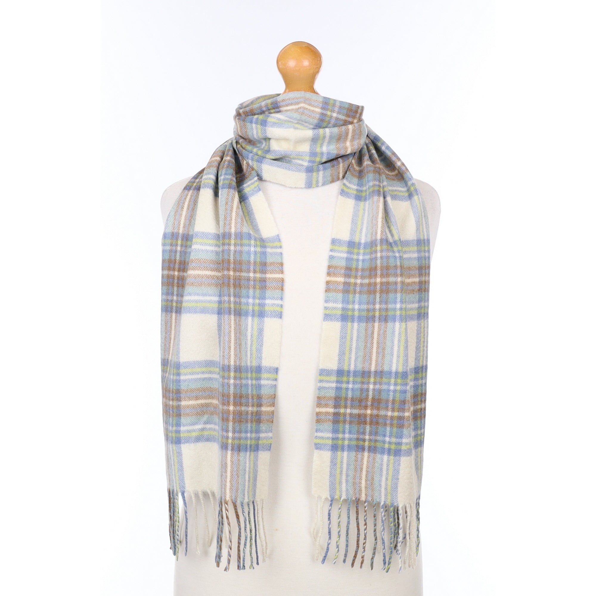 Blue Cream and Brown Plaid Cashmere Woven Scarf