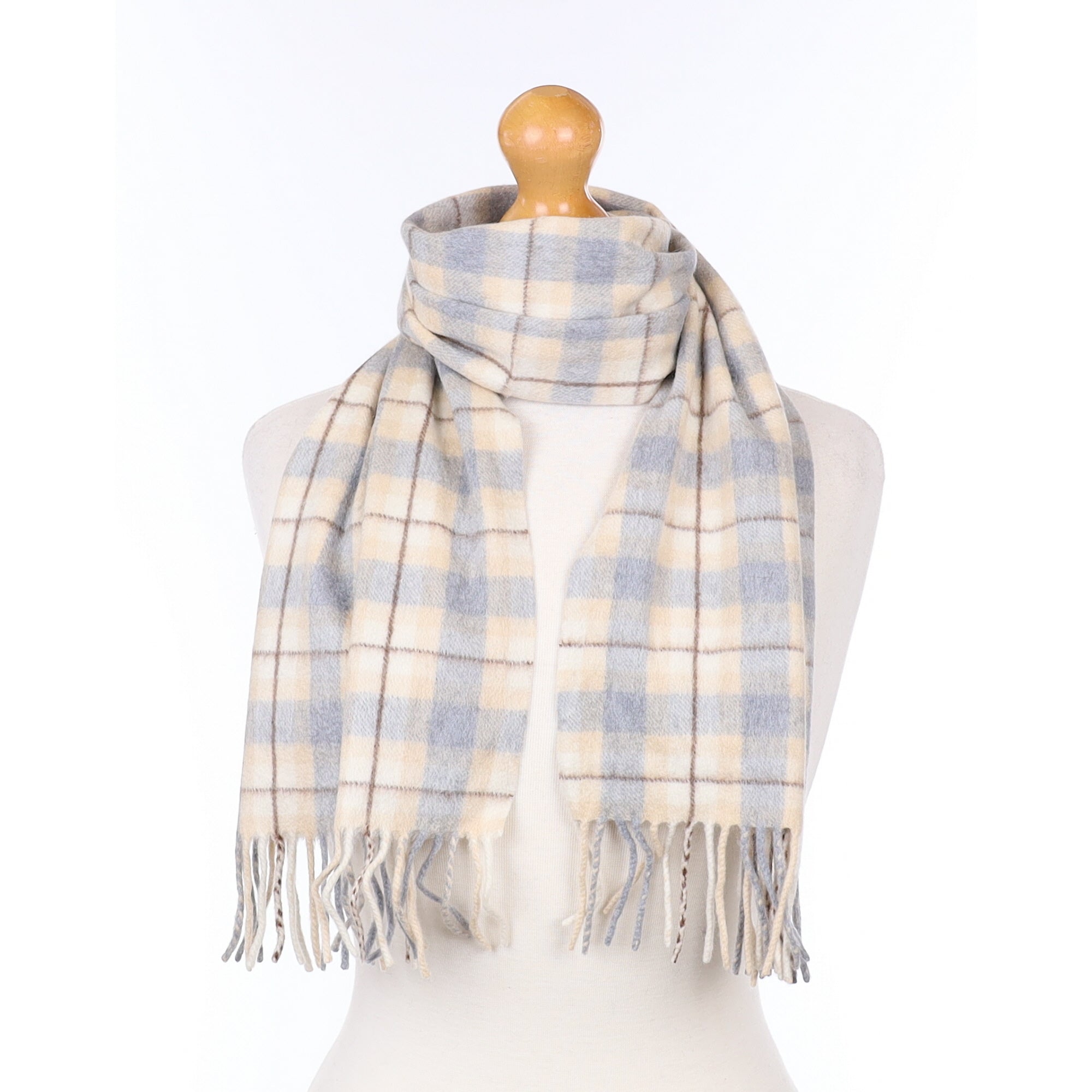 Blue and Beige Plaid Cashmere Woven Scarf
