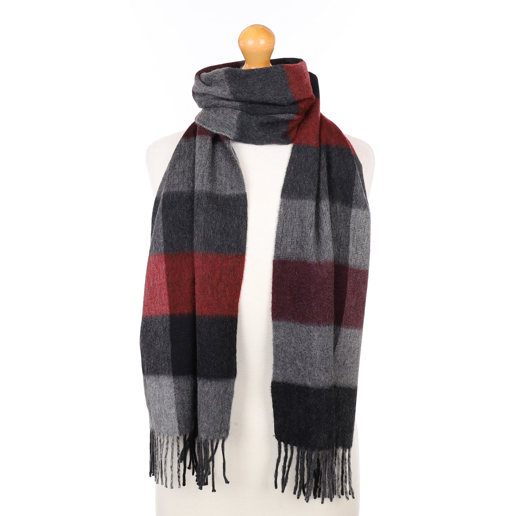 Grey and Red Checked Cashmere Woven Scarf