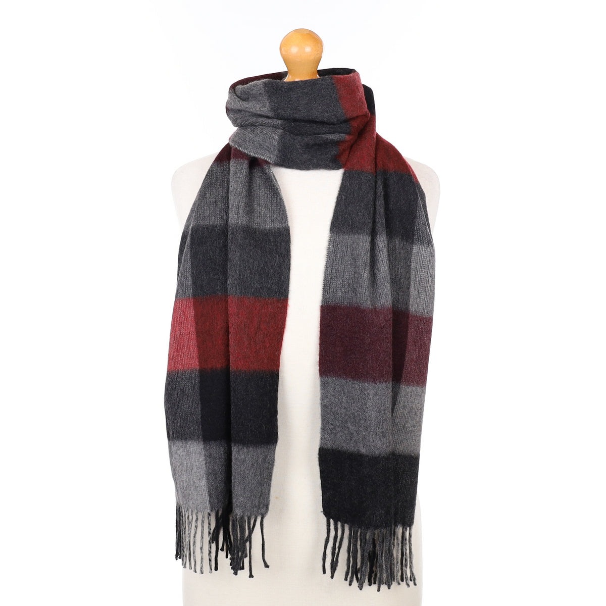 Grey and Red Checked Cashmere Woven Scarf