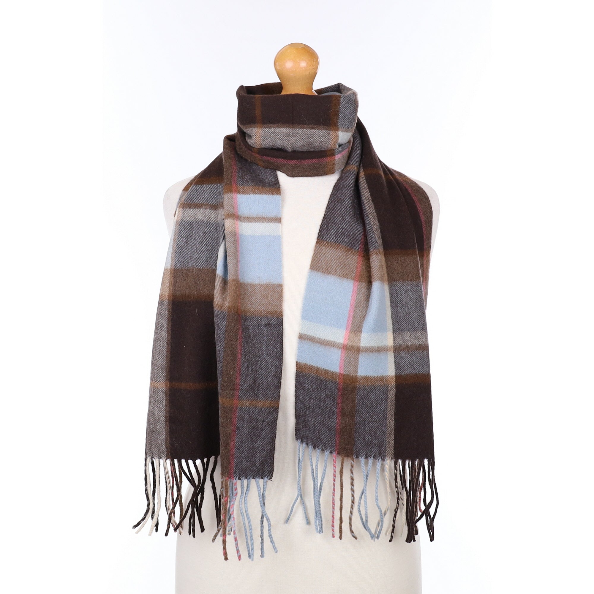 Brown Grey and Blue Plaid Cashmere Woven Scarf