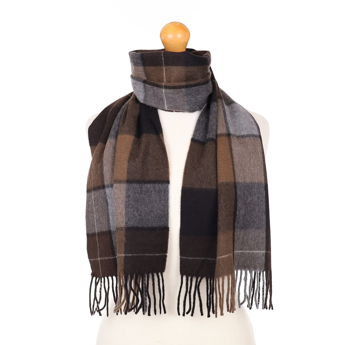 Brown and Grey Checked Cashmere Woven Scarf