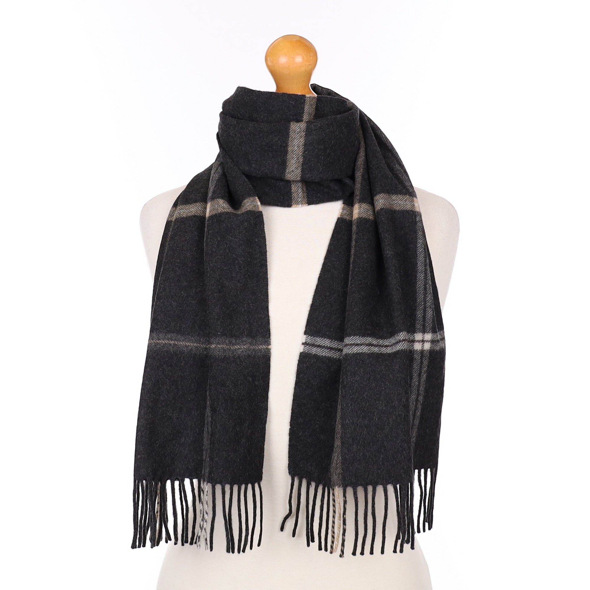 Charcoal Grey and Cream Cashmere Woven Scarf
