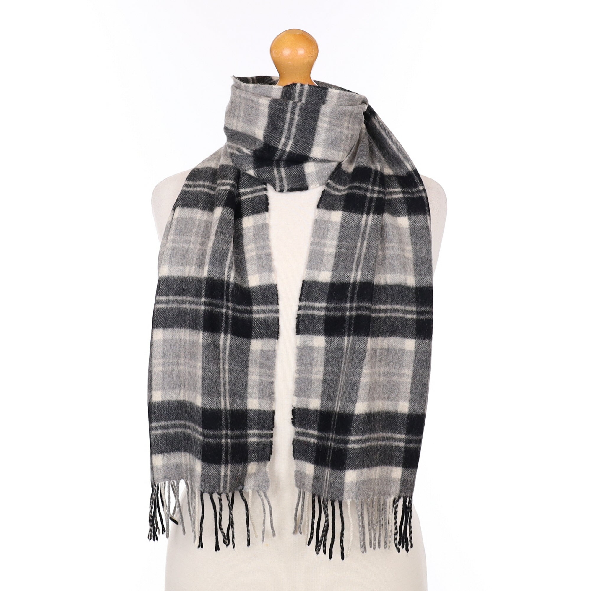 Grey and Black Plaid Cashmere Woven Scarf