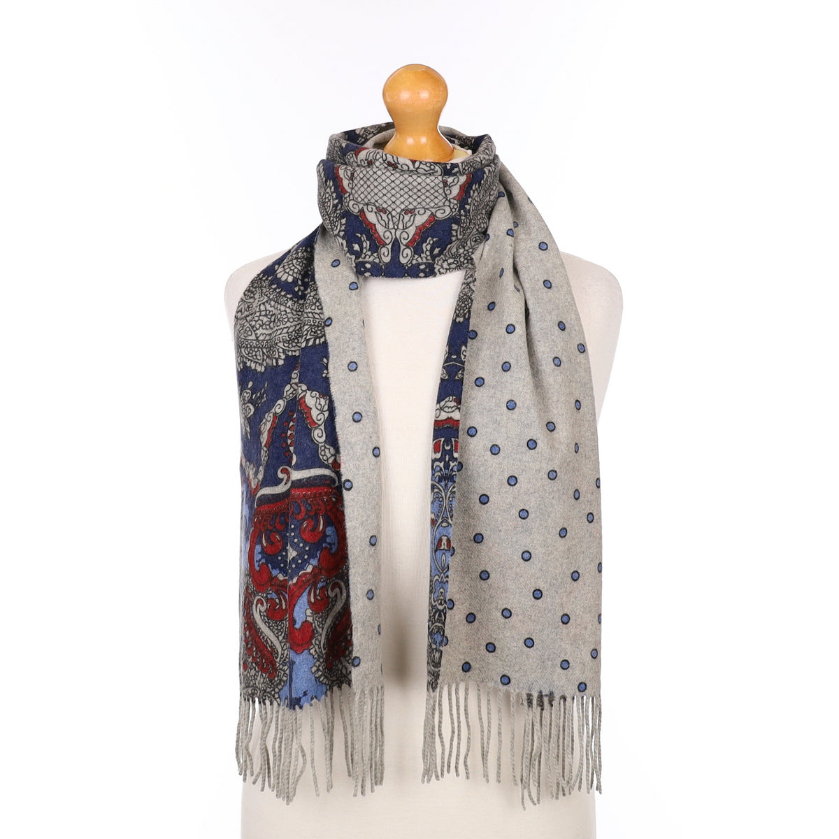Blue and Red Paisley Design with Grey Dotted Side Cashmere Woven Scarf