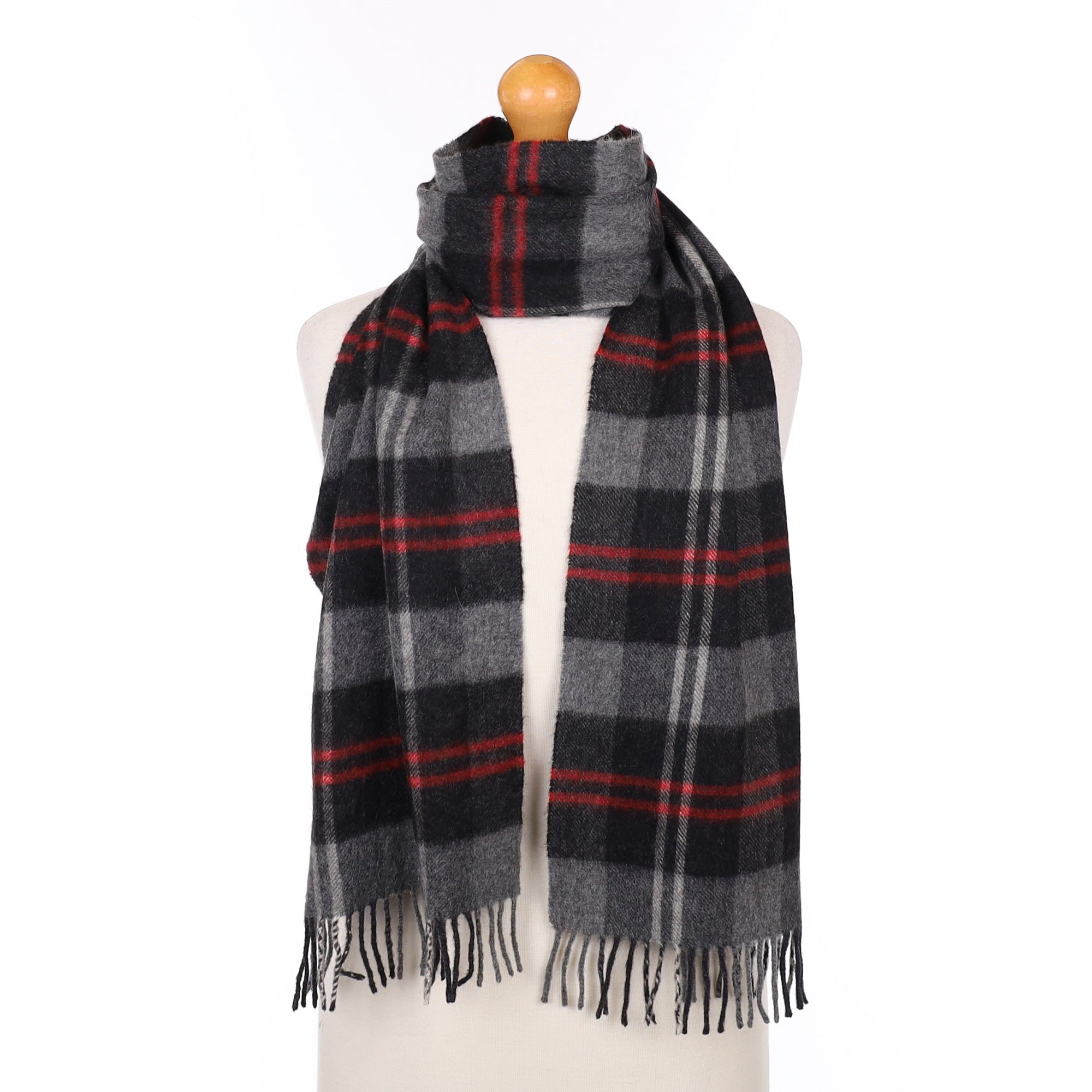 Grey Red and Black Plaid Cashmere Woven Scarf