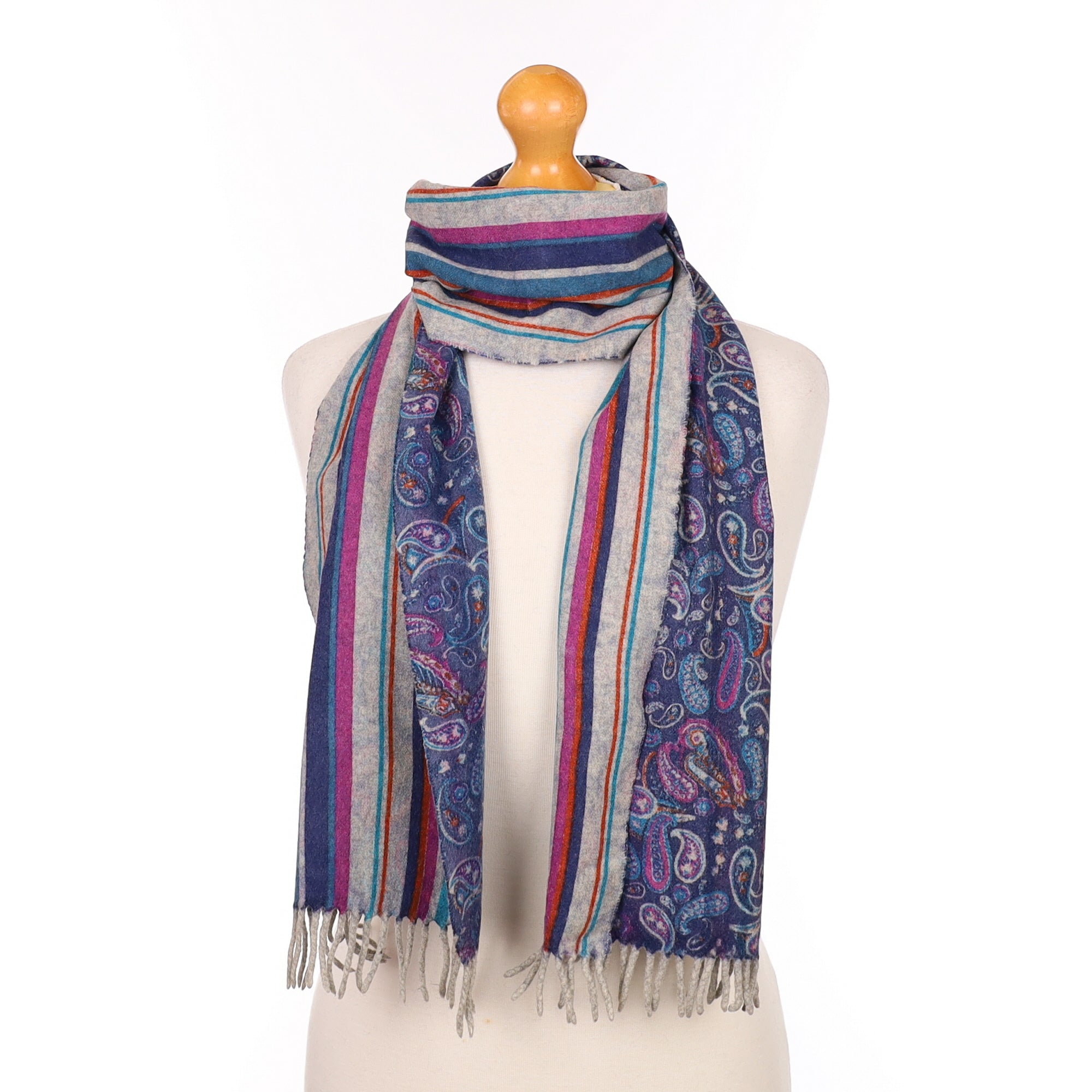 Blue Grey and Purple Pinstripe and Paisley Patterned Cashmere Woven Scarf