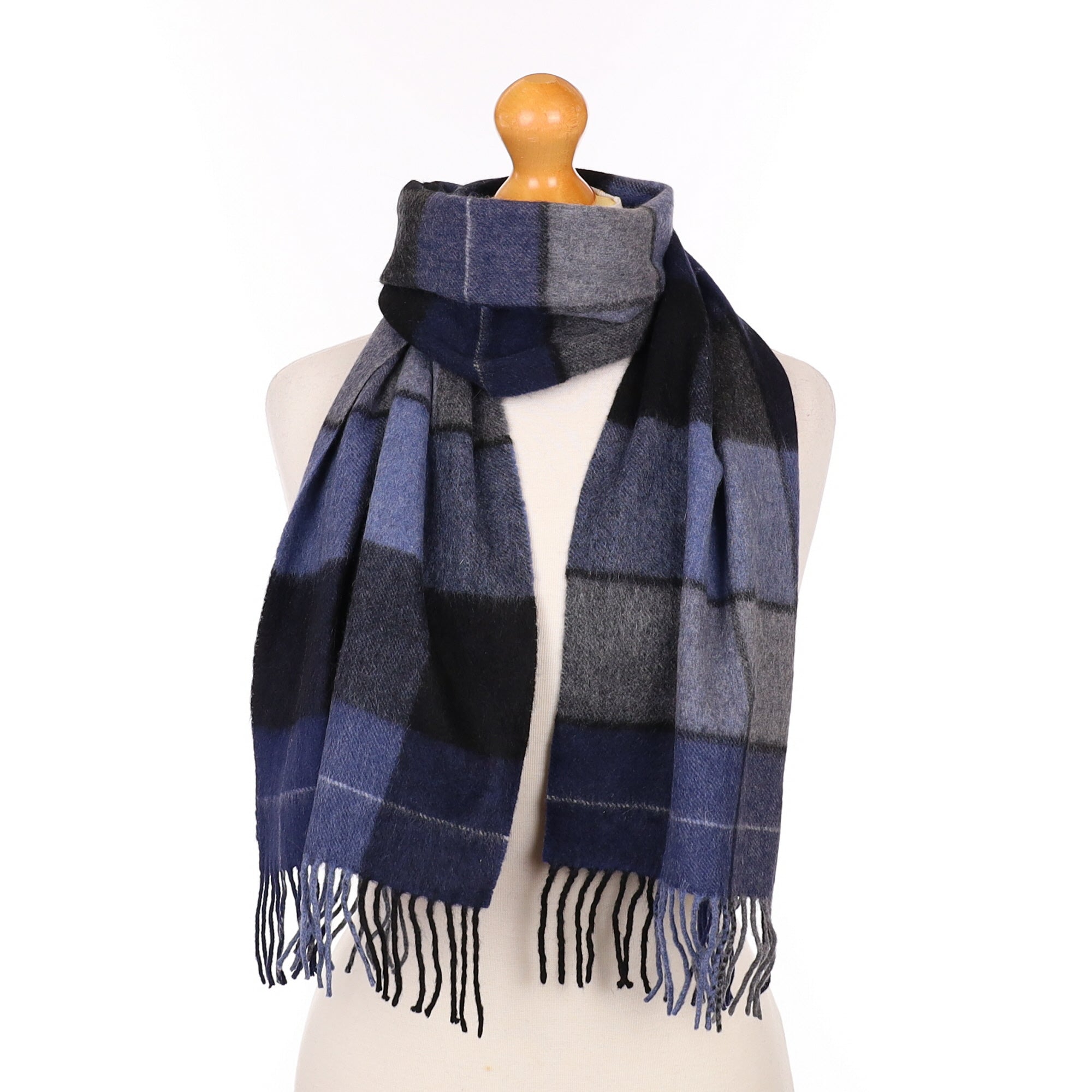 Blue and Grey Checked Cashmere Woven Scarf