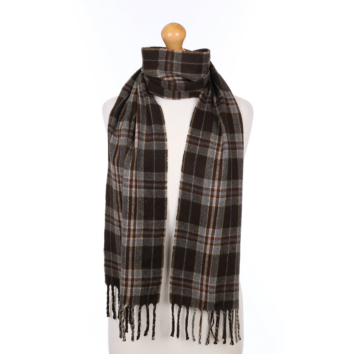 Brown Black and Grey Plaid Cashmere Woven Scarf