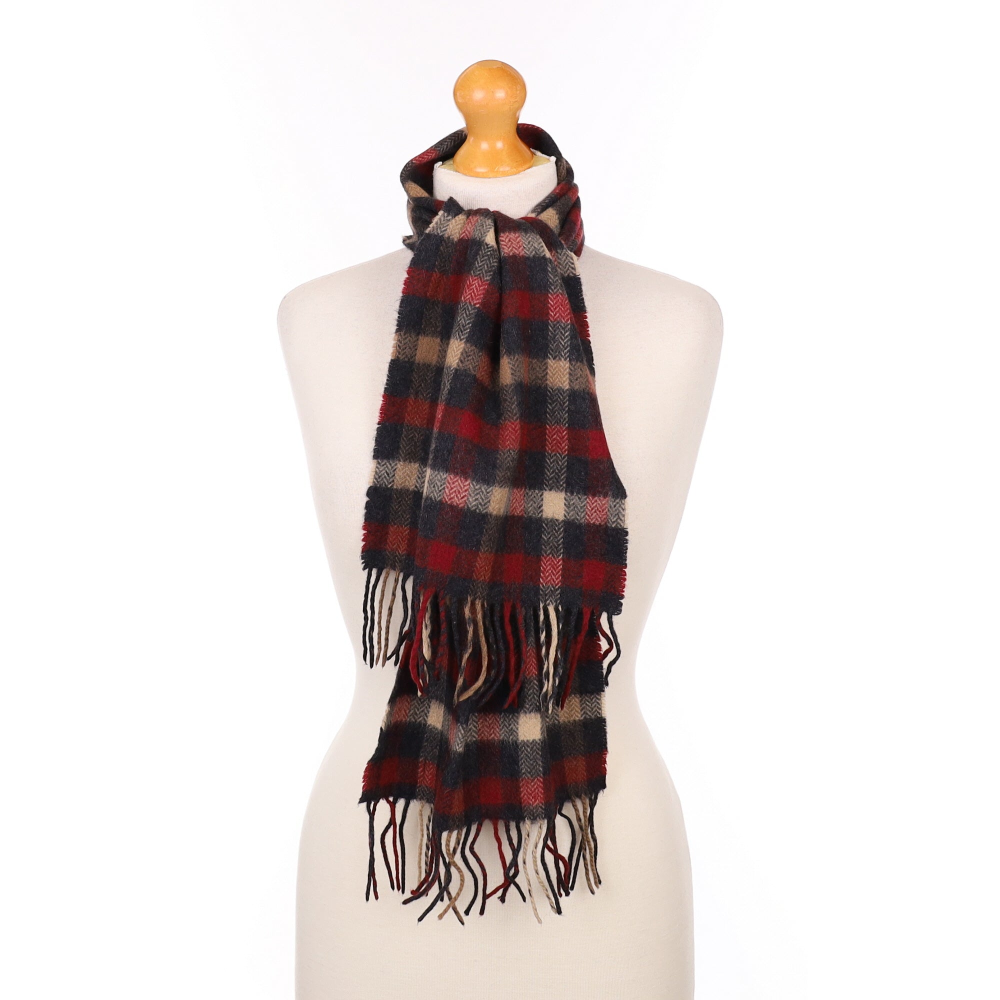 Beige Blue and Red Checked Cashmere Woven Scarf