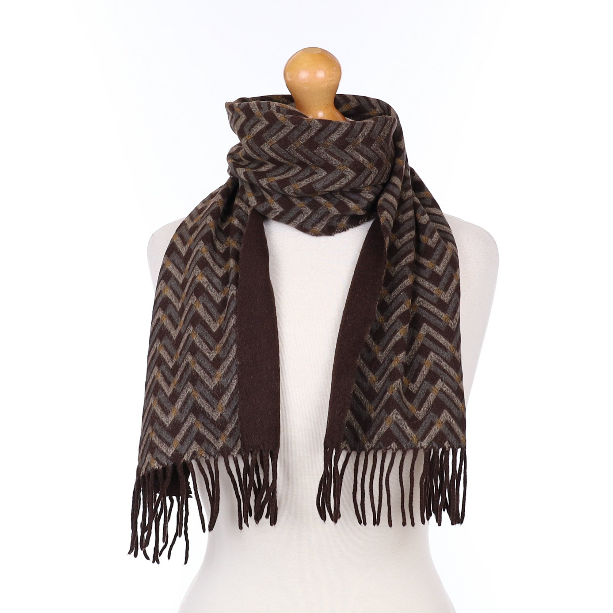 Chocolate Brown and Grey Patterned Cashmere Woven Scarf
