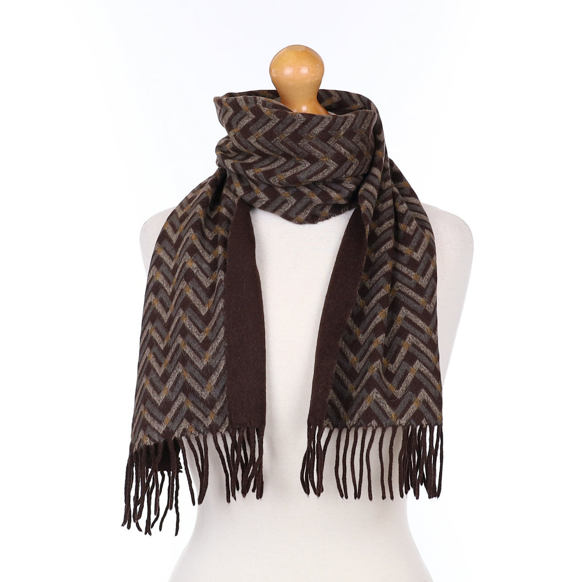 Chocolate Brown and Grey Patterned Cashmere Woven Scarf