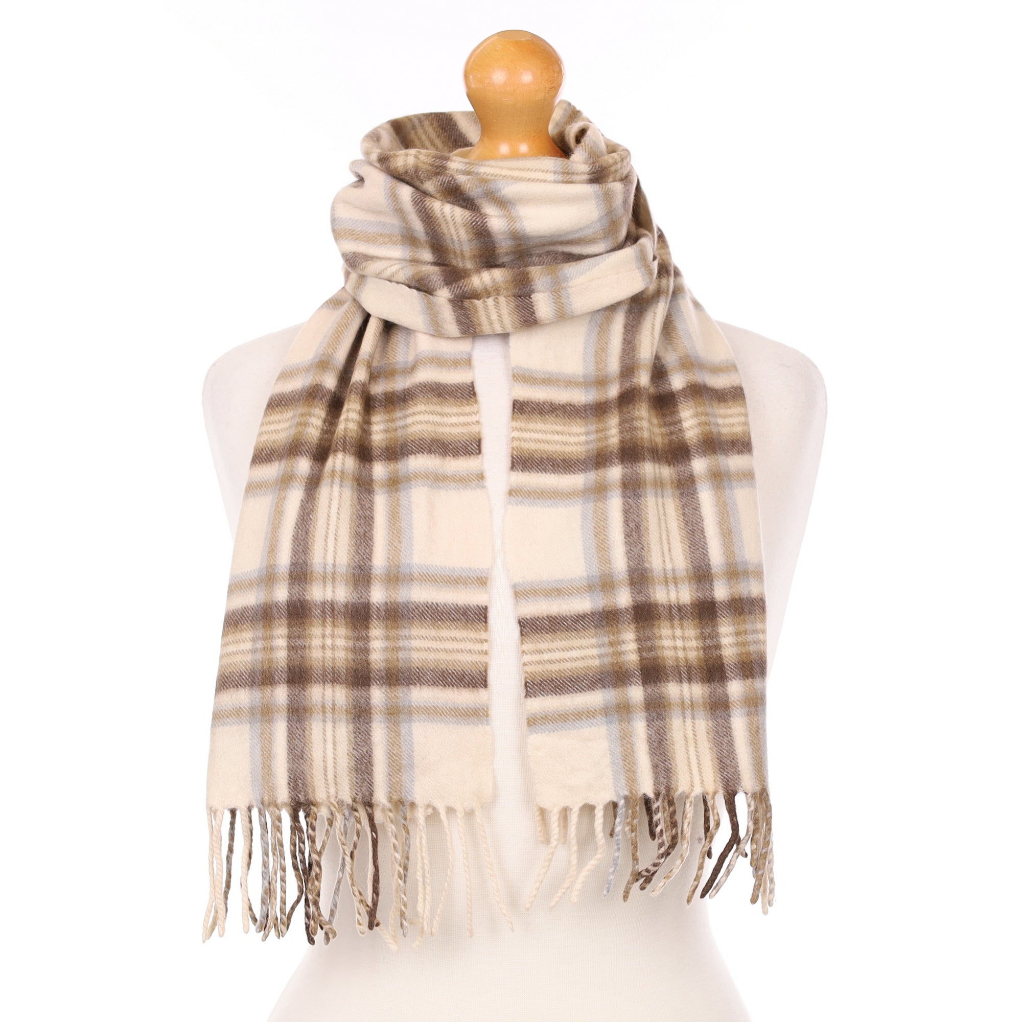 Beige Checked Cashmere Woven Scarf