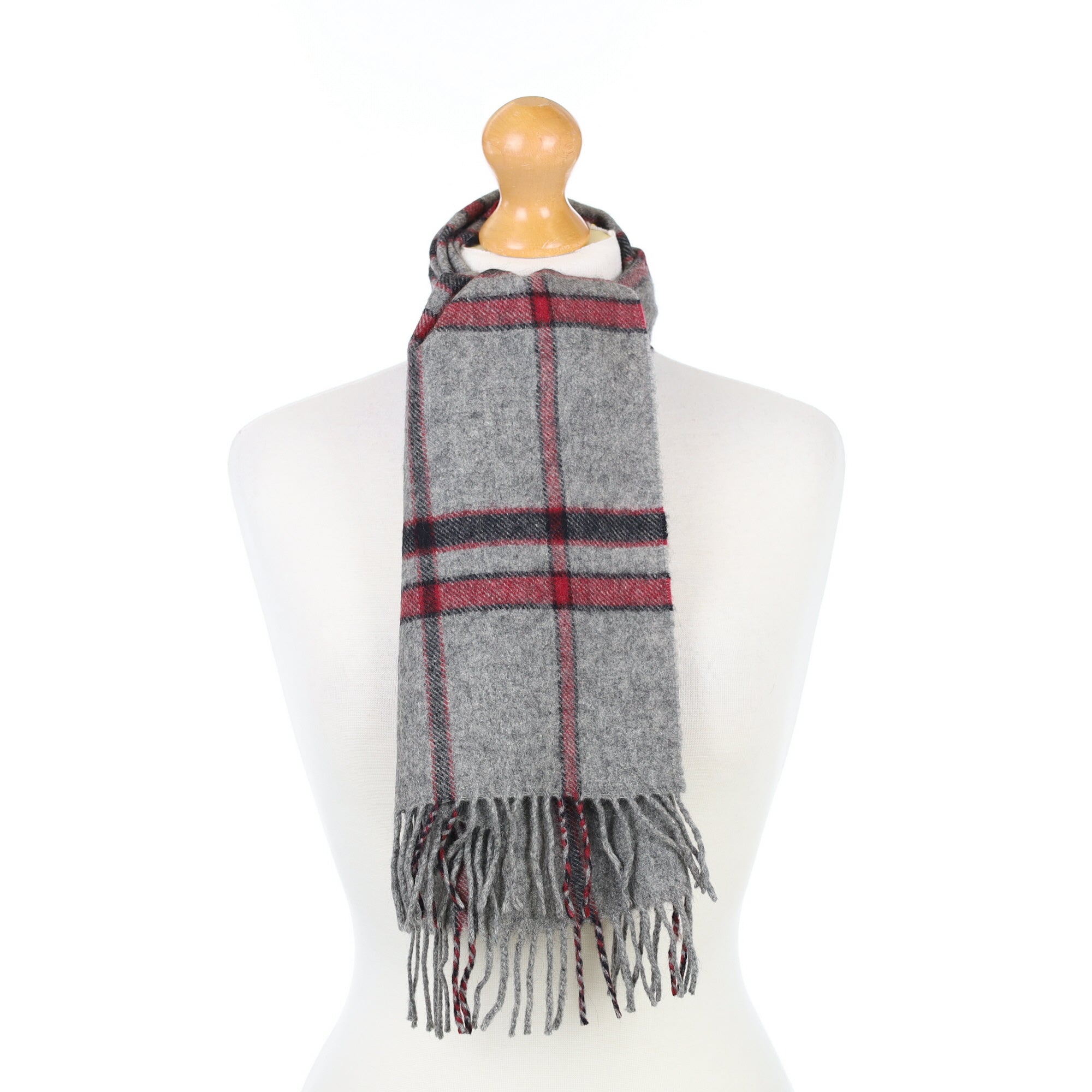 Grey and Burgundy Checked Cashmere Woven Scarf