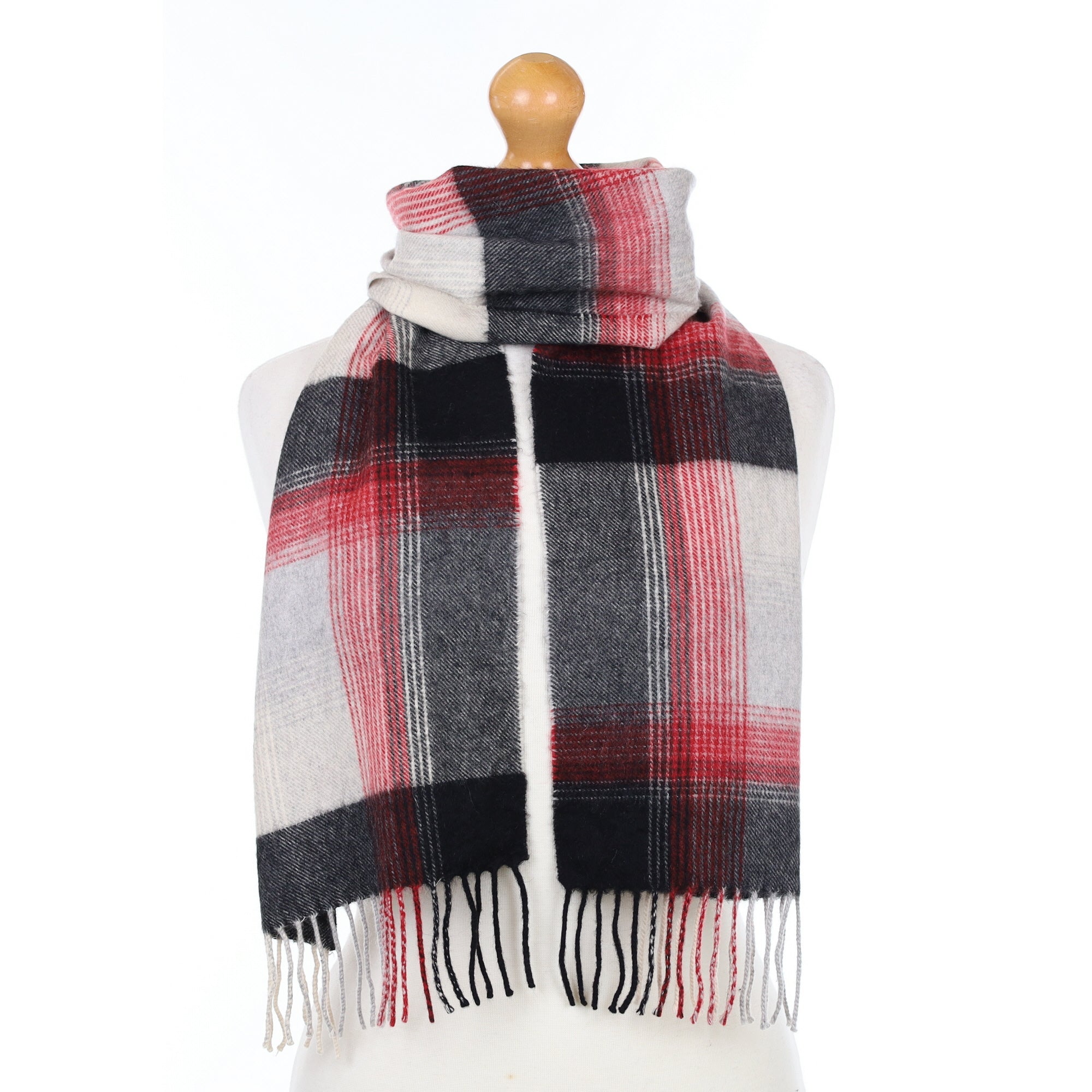 Grey and Red Checked Cashmere Woven Scarf