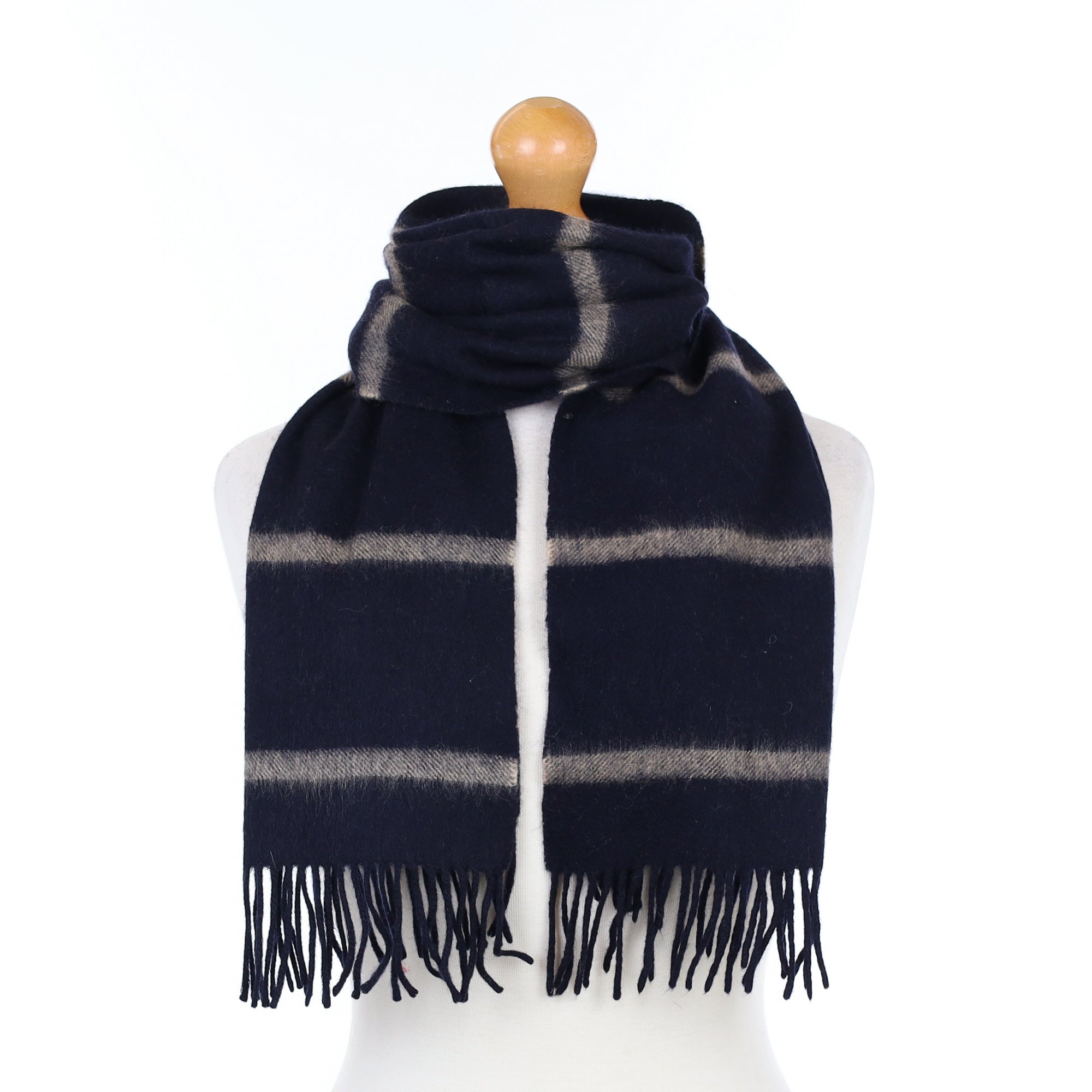 Navy and Beige Striped Cashmere Woven Scarf