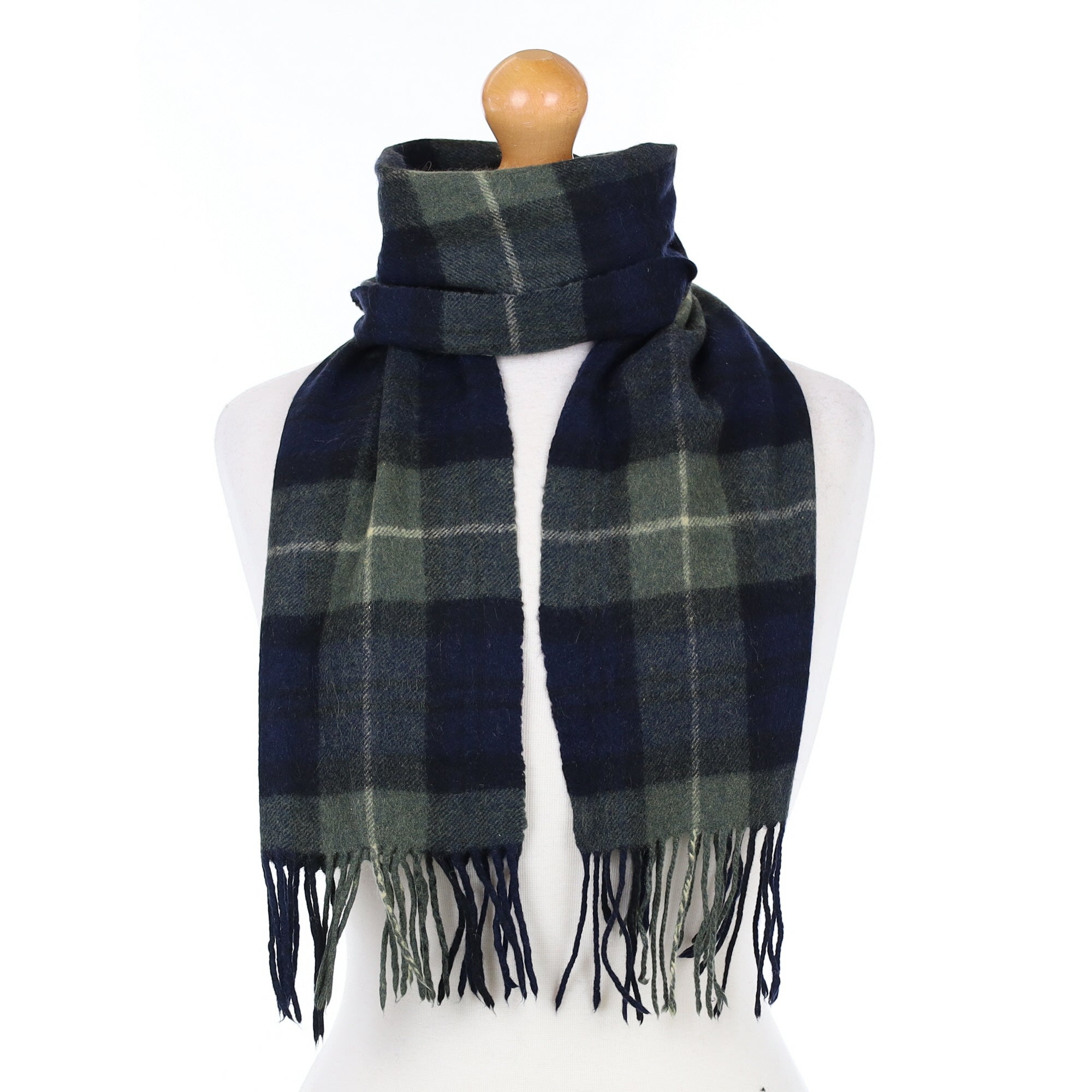 Navy and Khaki Checked Cashmere Woven Scarf