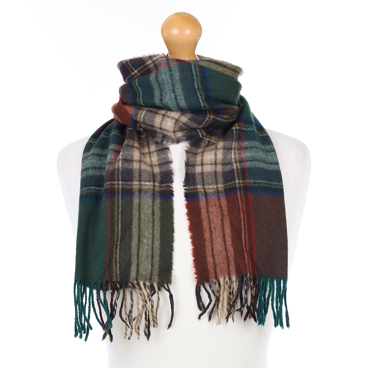 Russet and Forest Green Checked Cashmere Woven Scarf