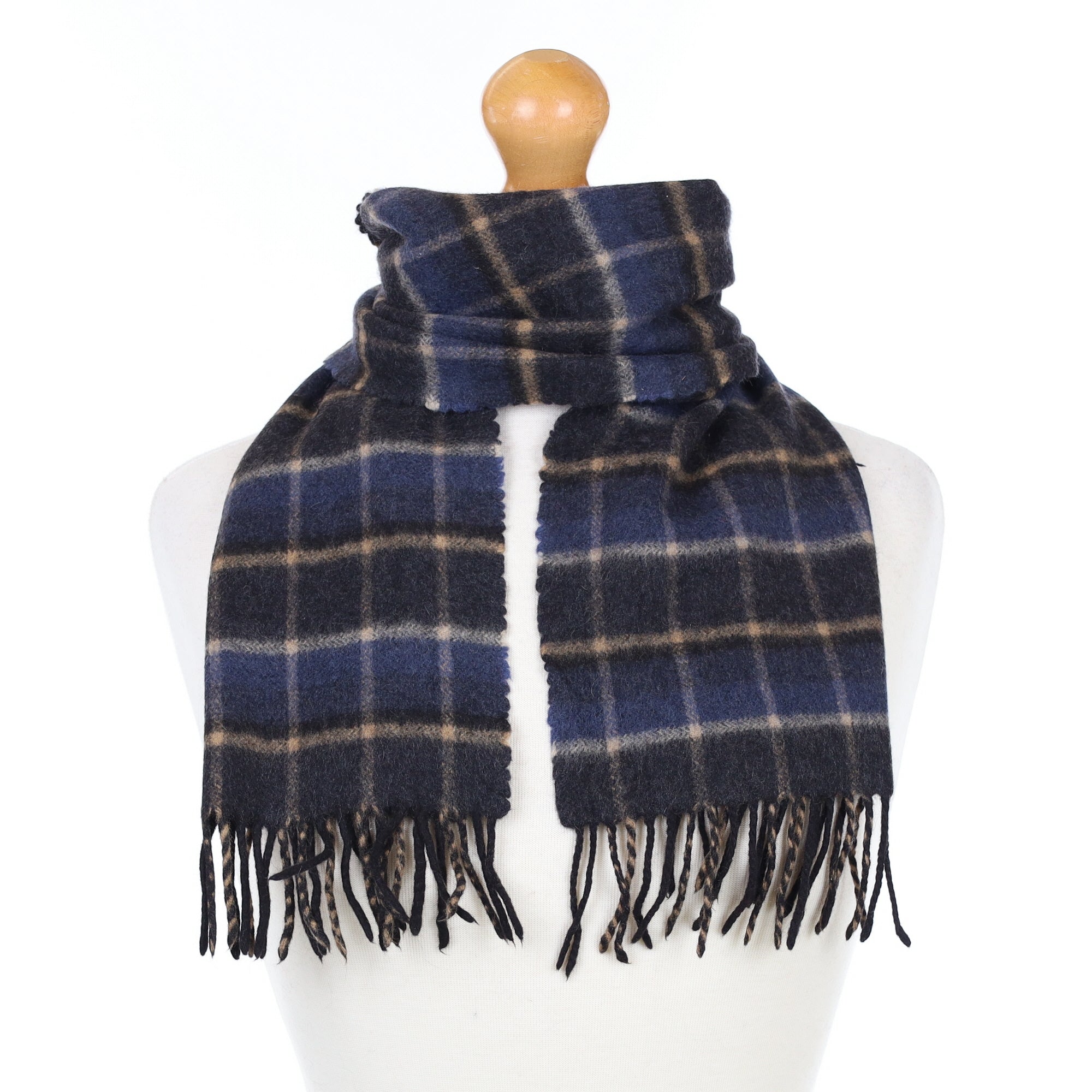 Navy and Blue Checked Cashmere Woven Scarf