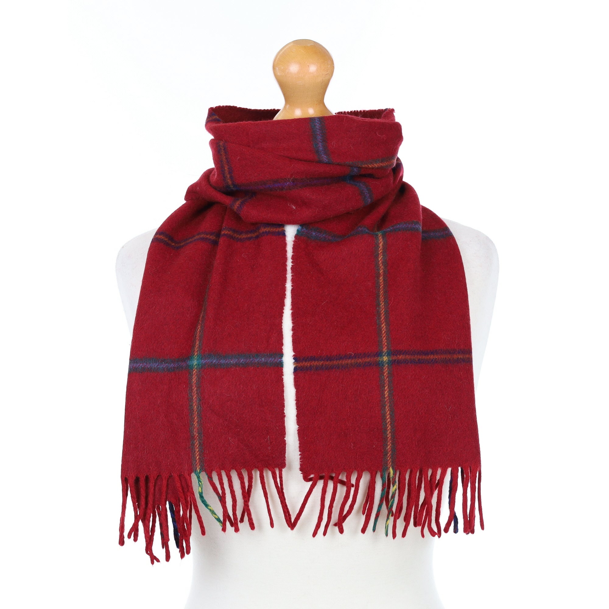 Burgundy Red Checked Cashmere Woven Scarf
