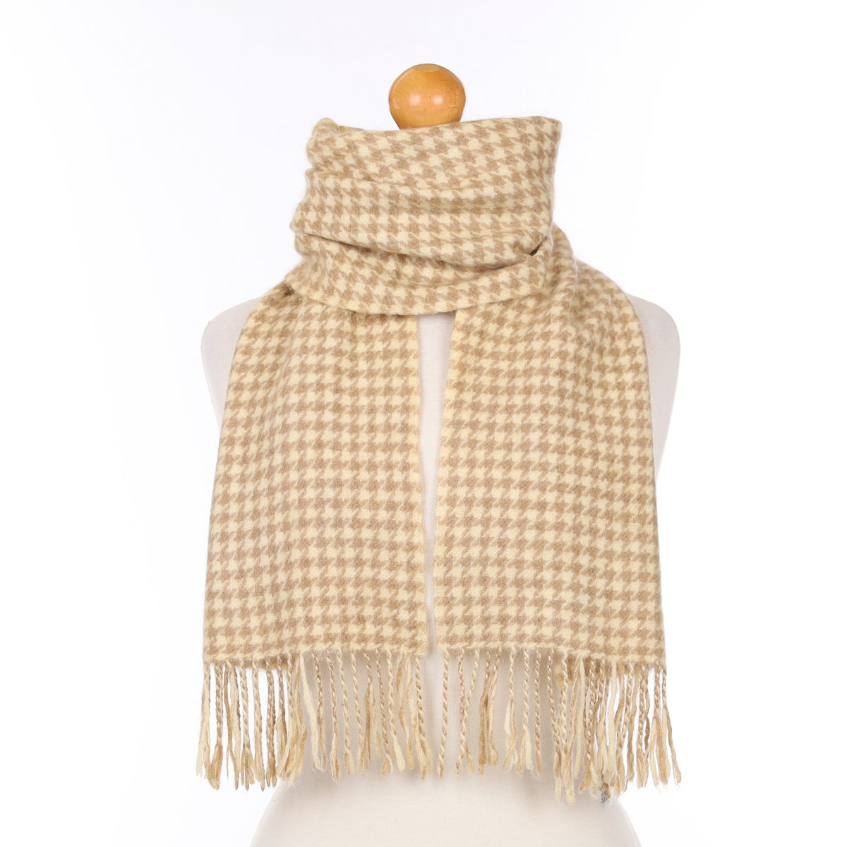 Camel Houndstooth Cashmere Woven Scarf