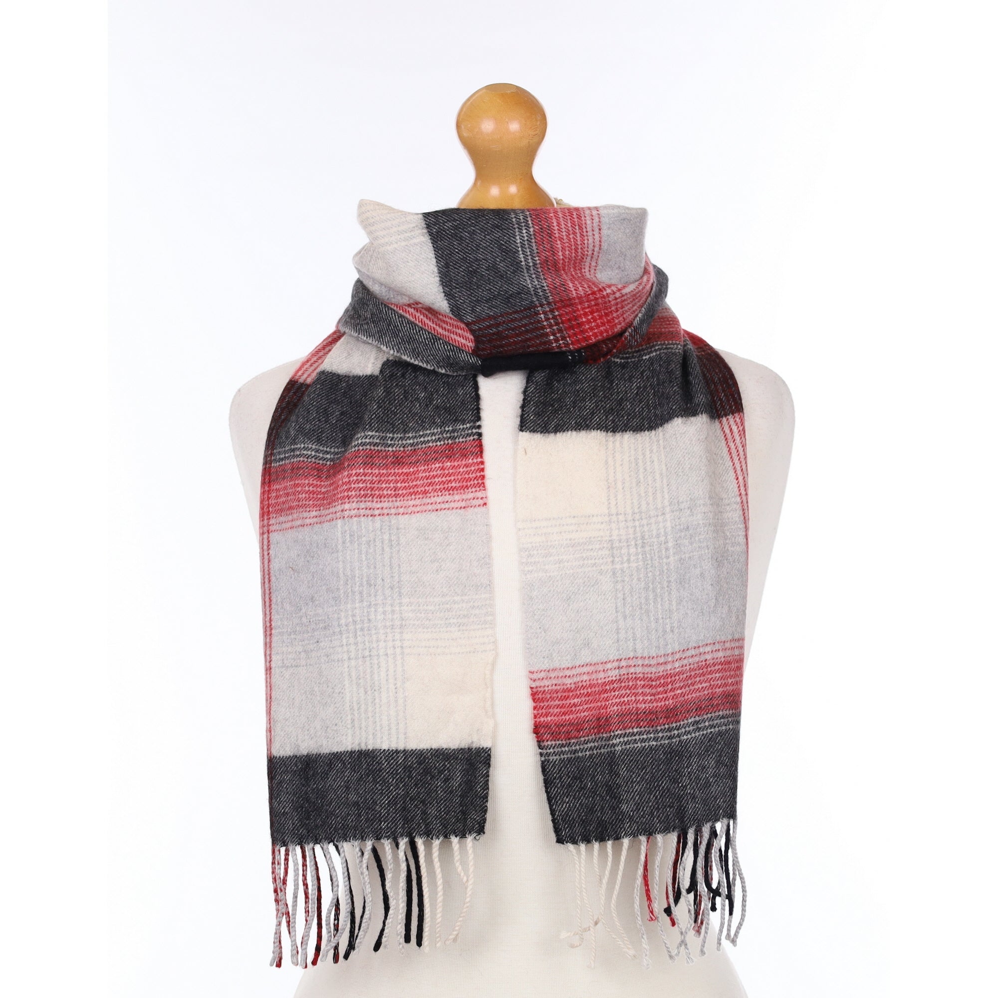 Grey and Red Plaid Cashmere Woven Scarf